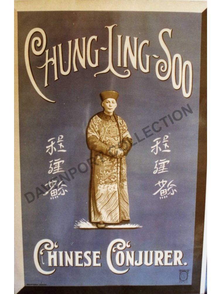 Chung Ling Soo, standing against a blue background poster