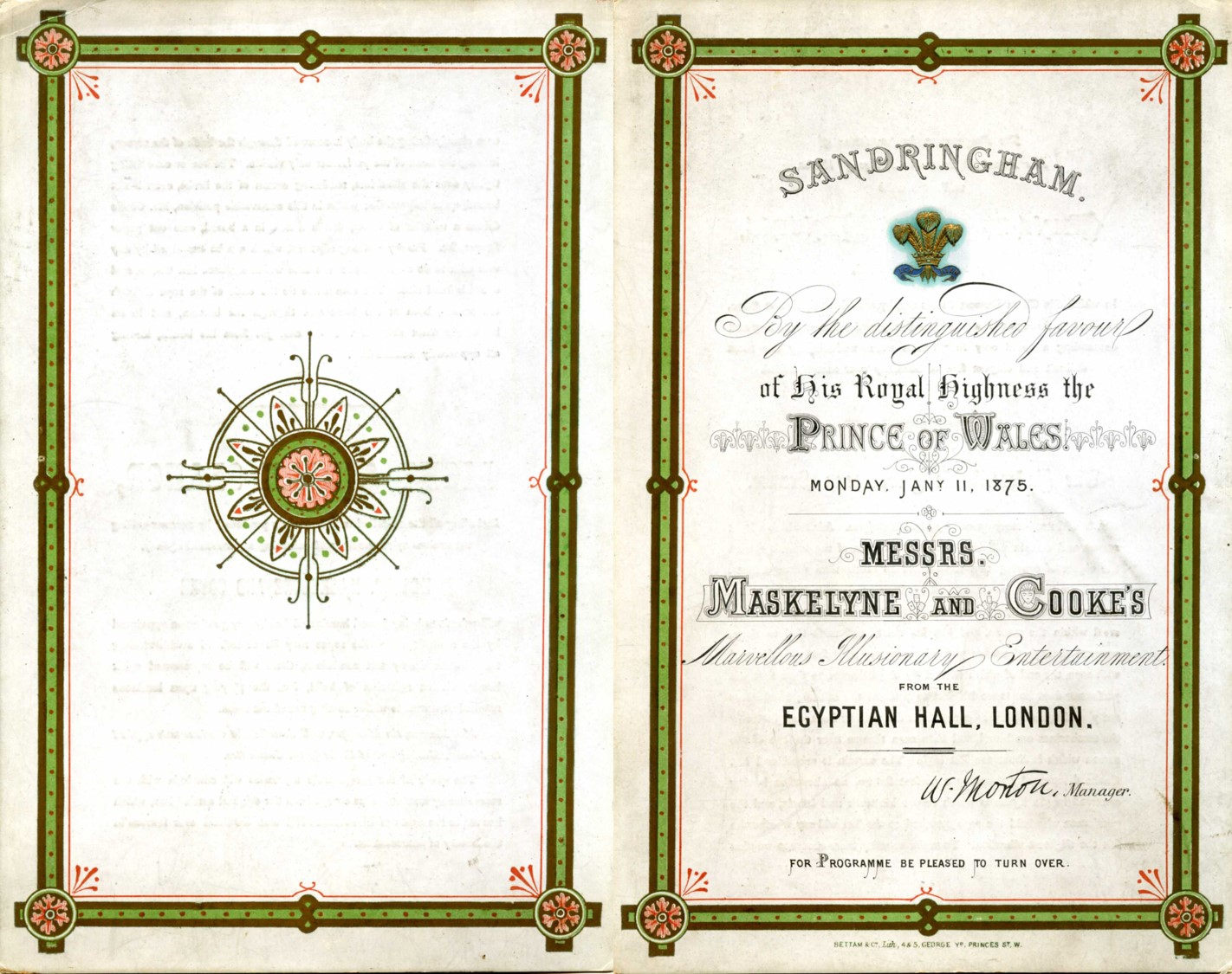 Programme for Maskelyne & Cooke’s royal performance at Sandringham, 11 January 1875