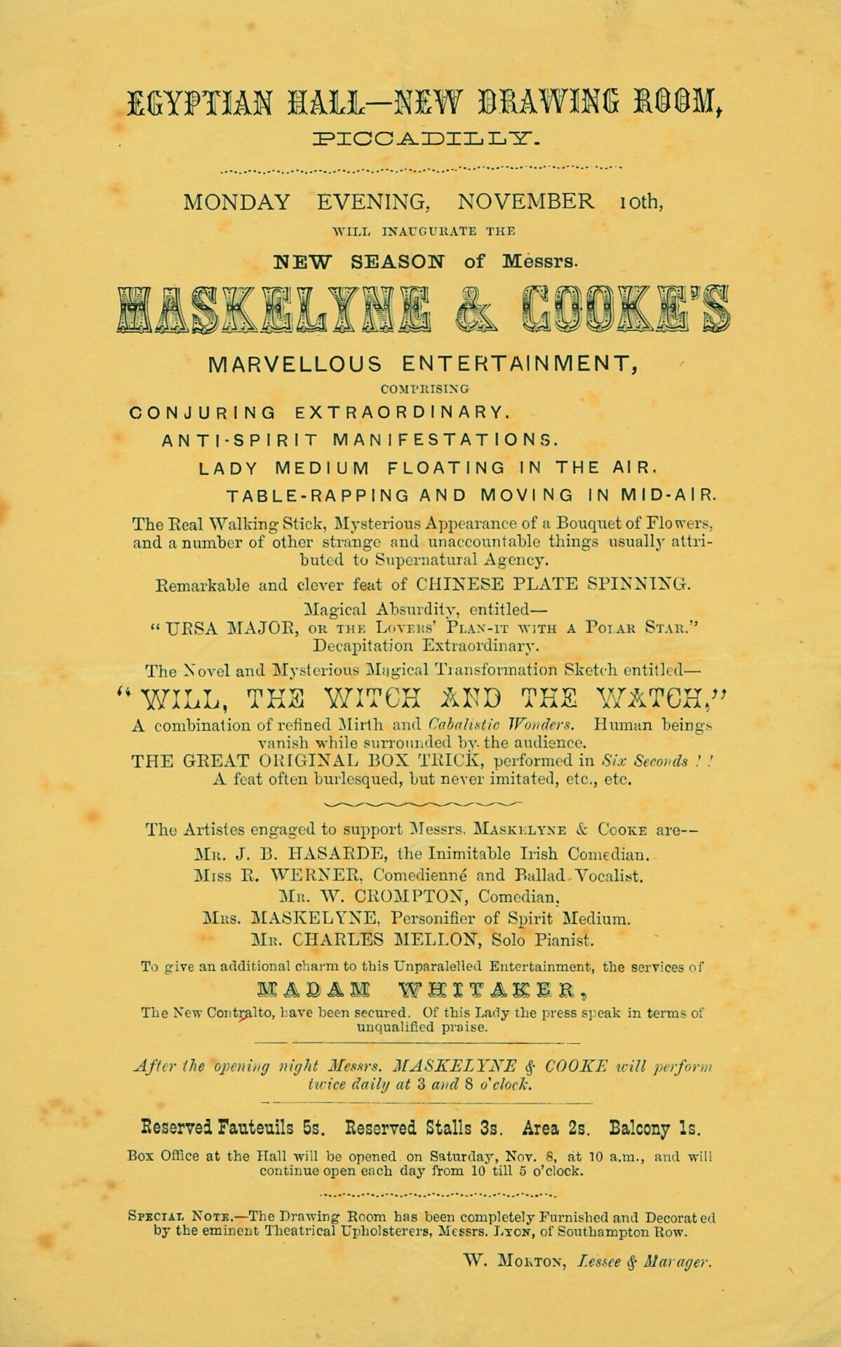 Maskelyne and Cooke Egyptian Hall flier, 10 November 1873
