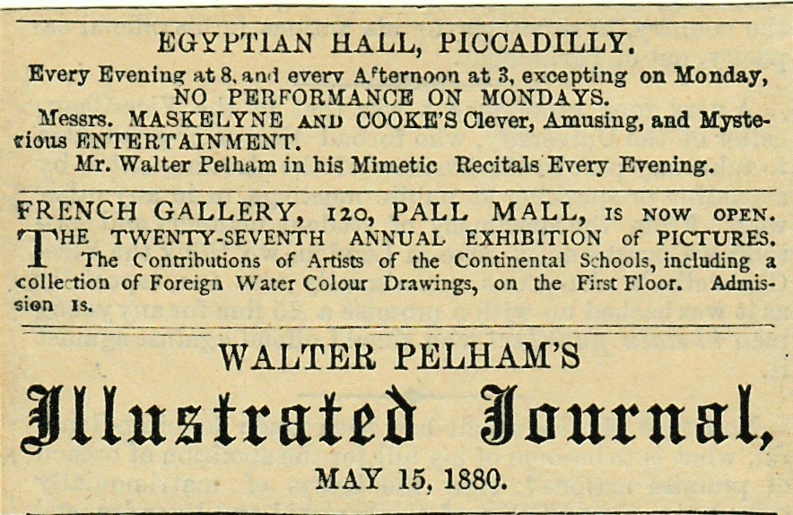 Advertisement for Maskelyne and Cooke at the Egyptian Hall, with Mr Walter Pelham