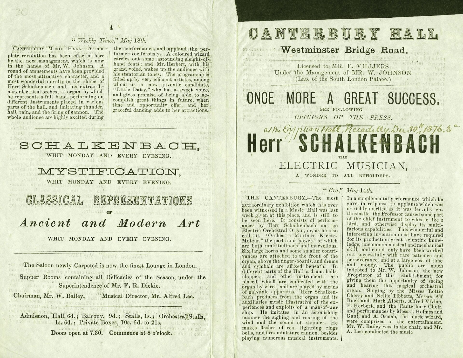 Herr Schalkenbach promotional item containing reviews of an 1873 performance at the Canterbury Hall