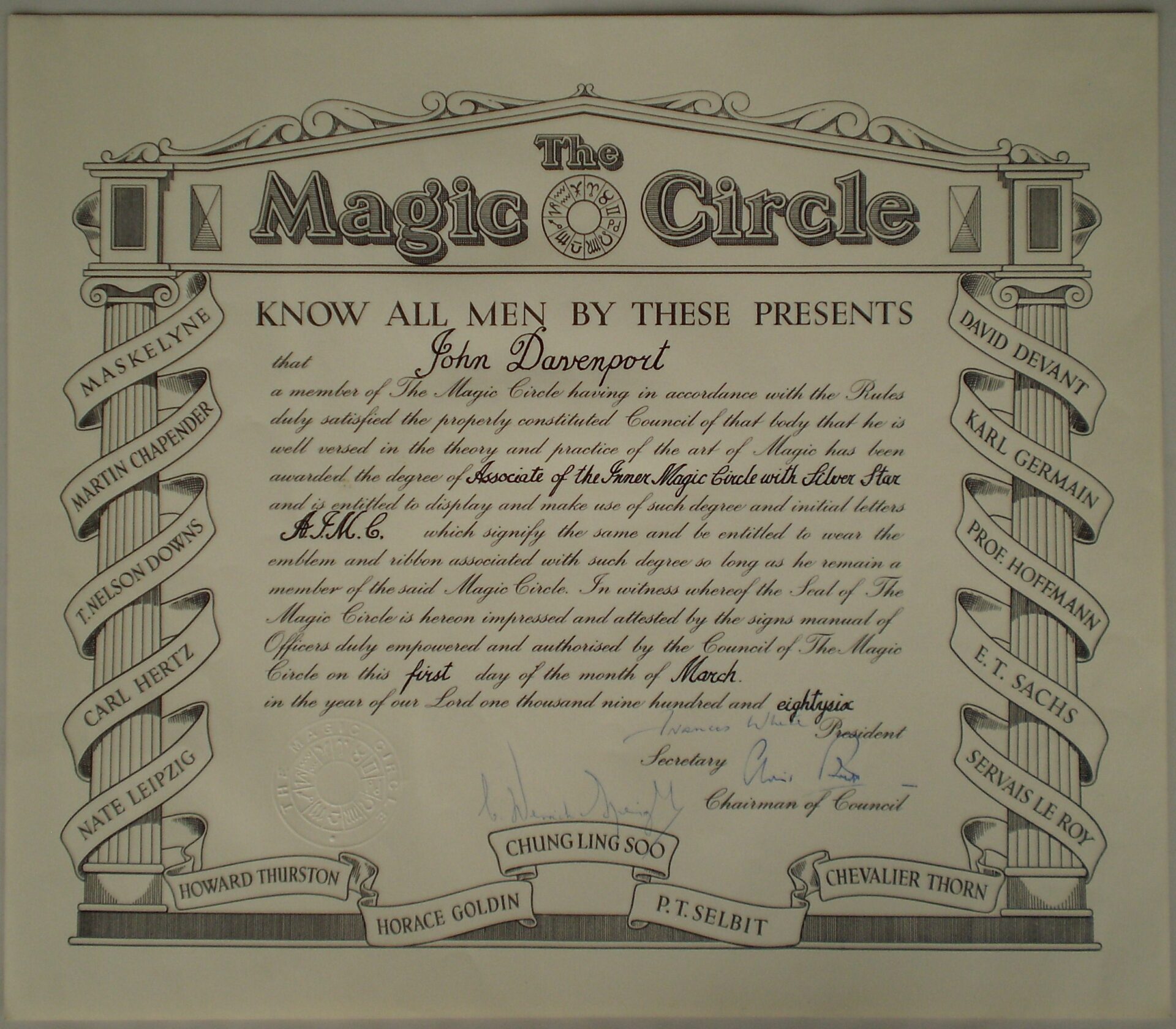 John Davenport’s AIMC certificate from The Magic Circle