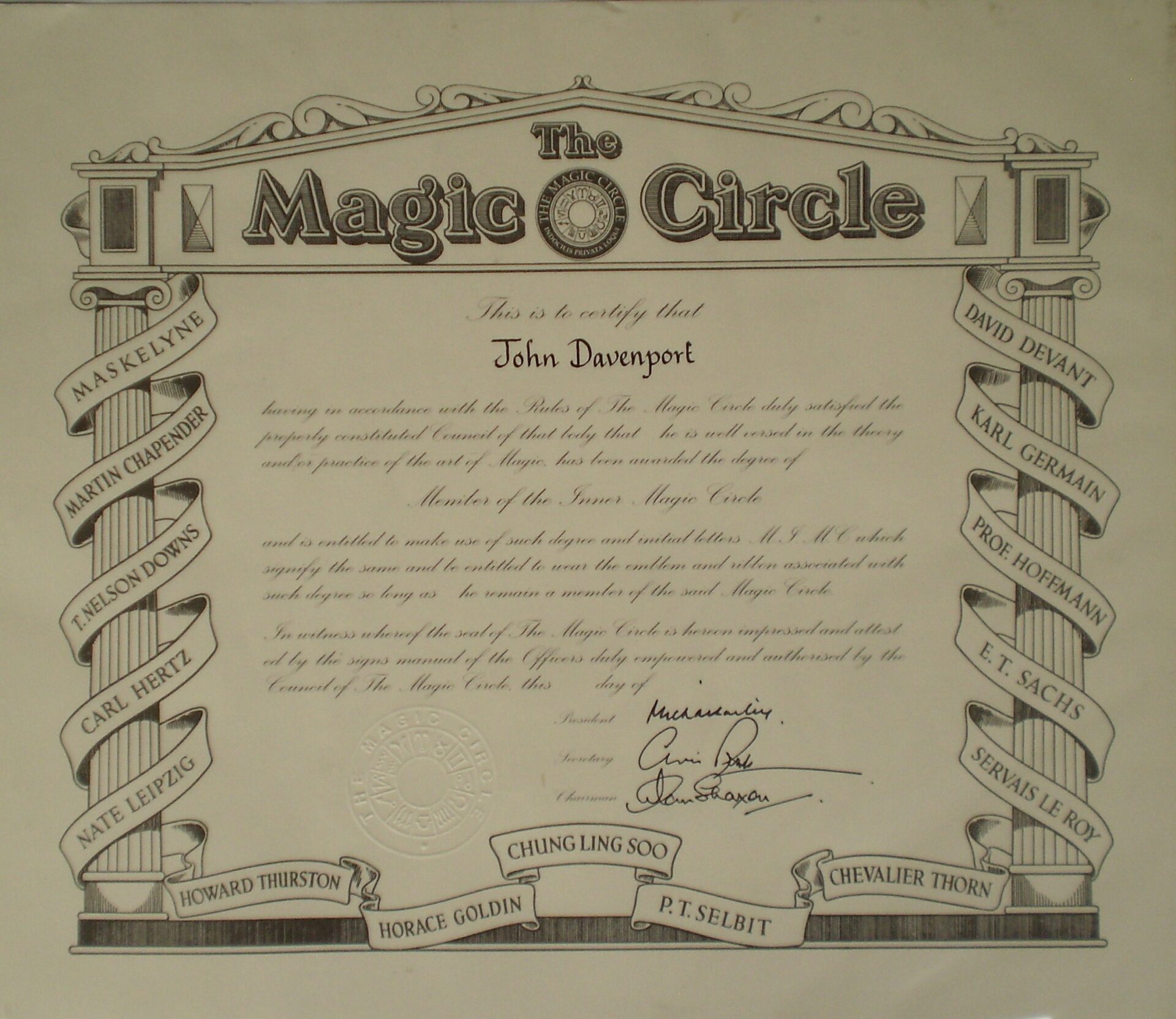John Davenport’s MIMC certificate from The Magic Circle
