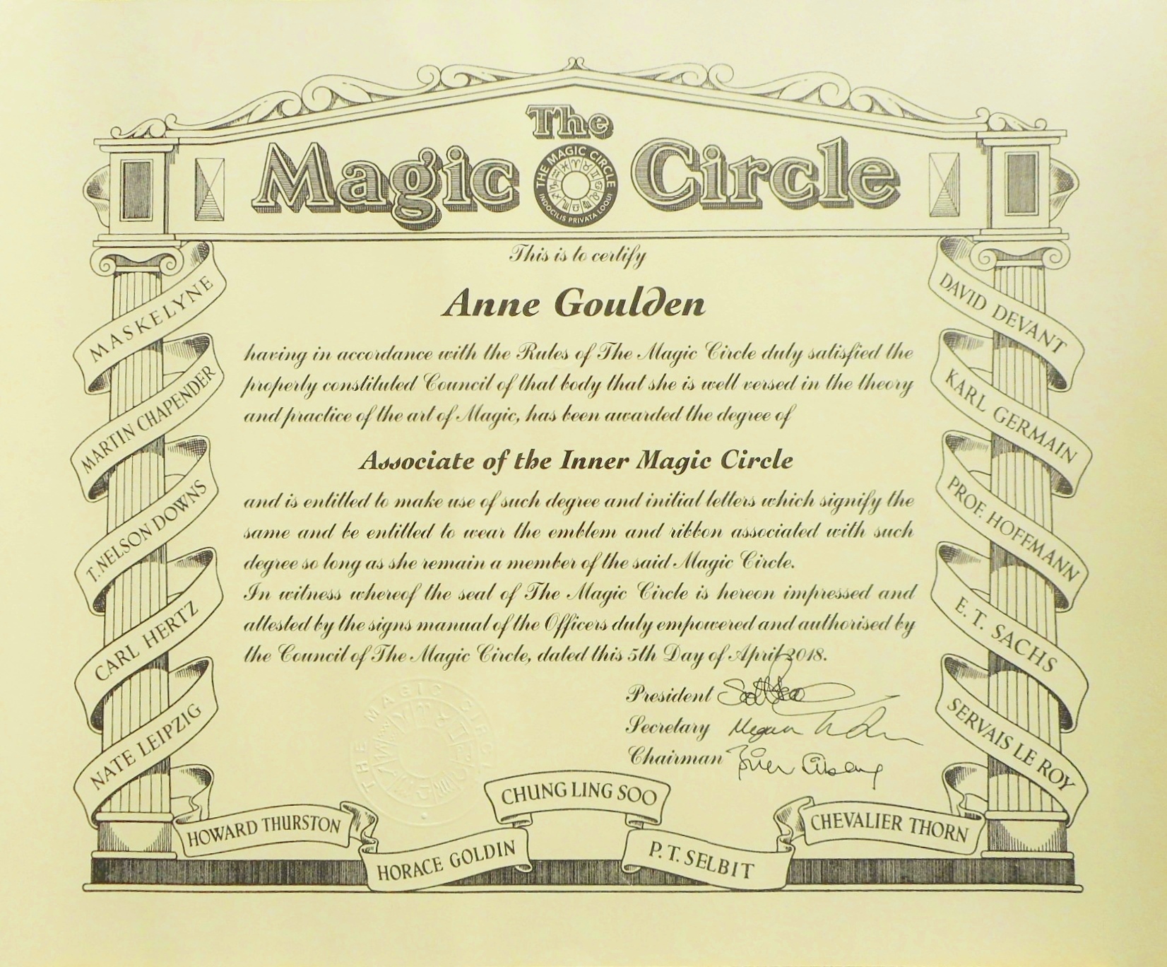 Anne Goulden’s Associate of the Inner Magic Circle certificate
