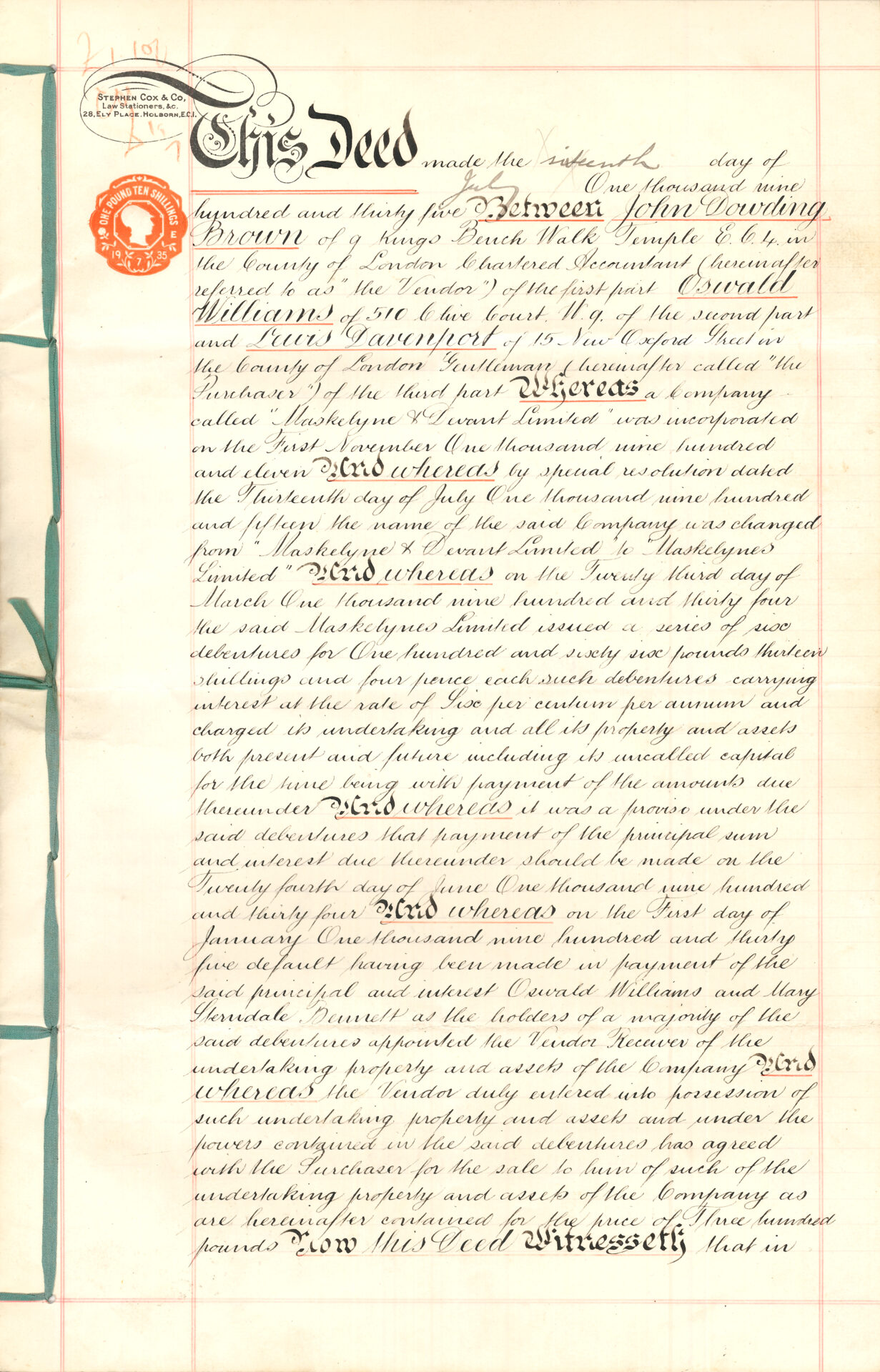1935 agreement for sale of Maskelynes Limited to Lewis Davenport