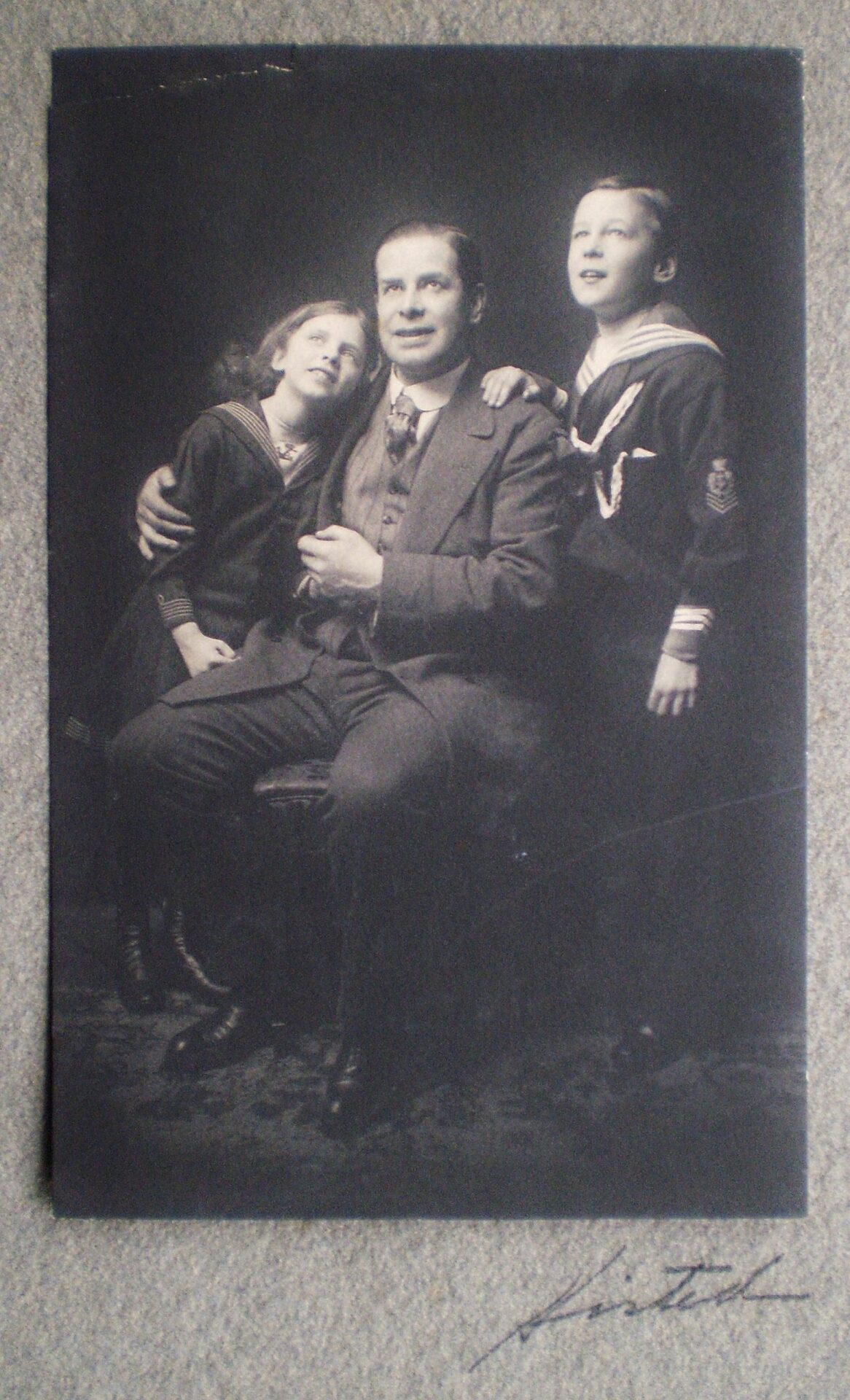 Photograph of David Devant with his daughter Vida and a young Jasper Maskelyne