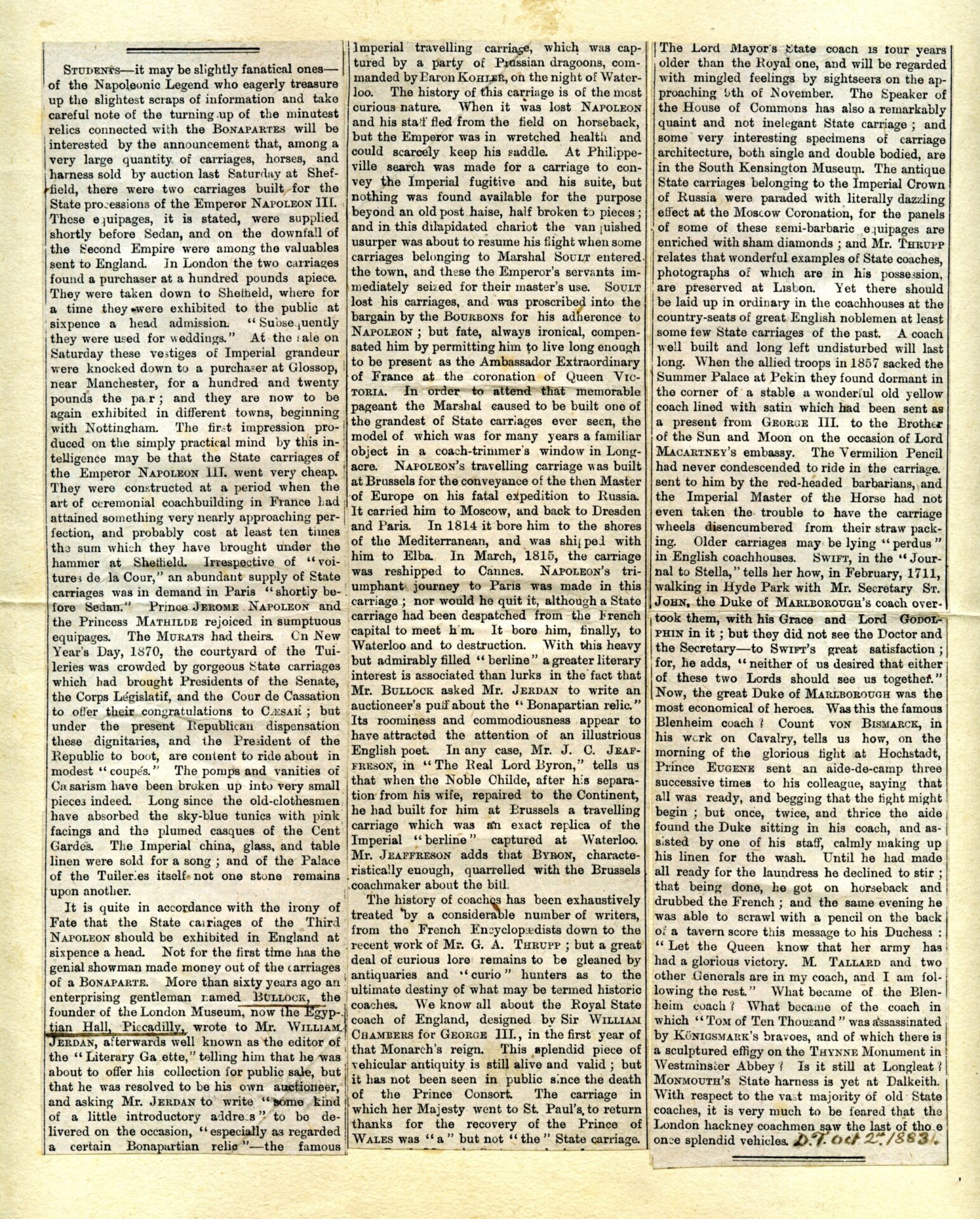 Newspaper article about state coaches mentioning the Egyptian Hall and Napoleon’s coach