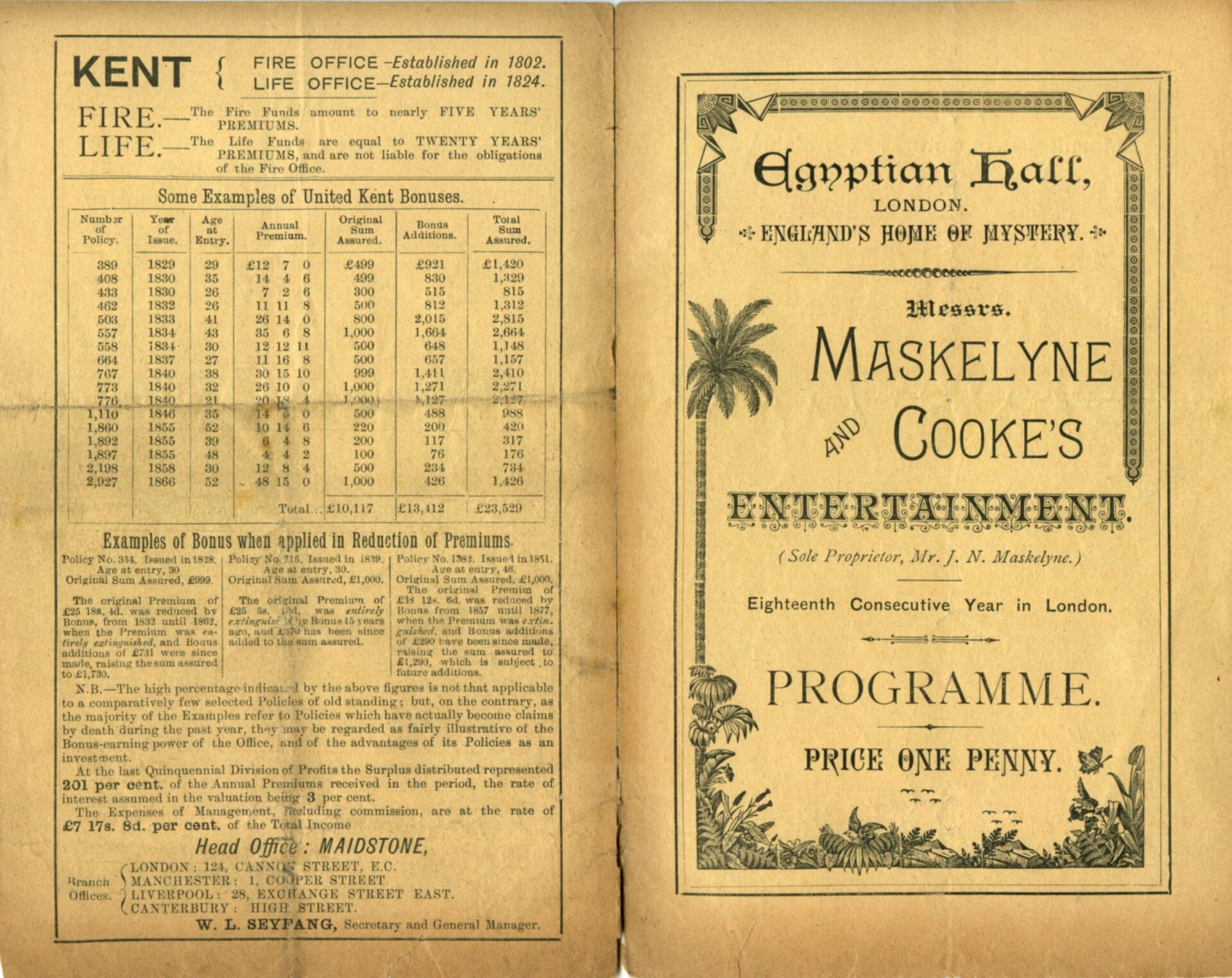 Maskelyne and Cooke programme for the Egyptian Hall, 18th consecutive year