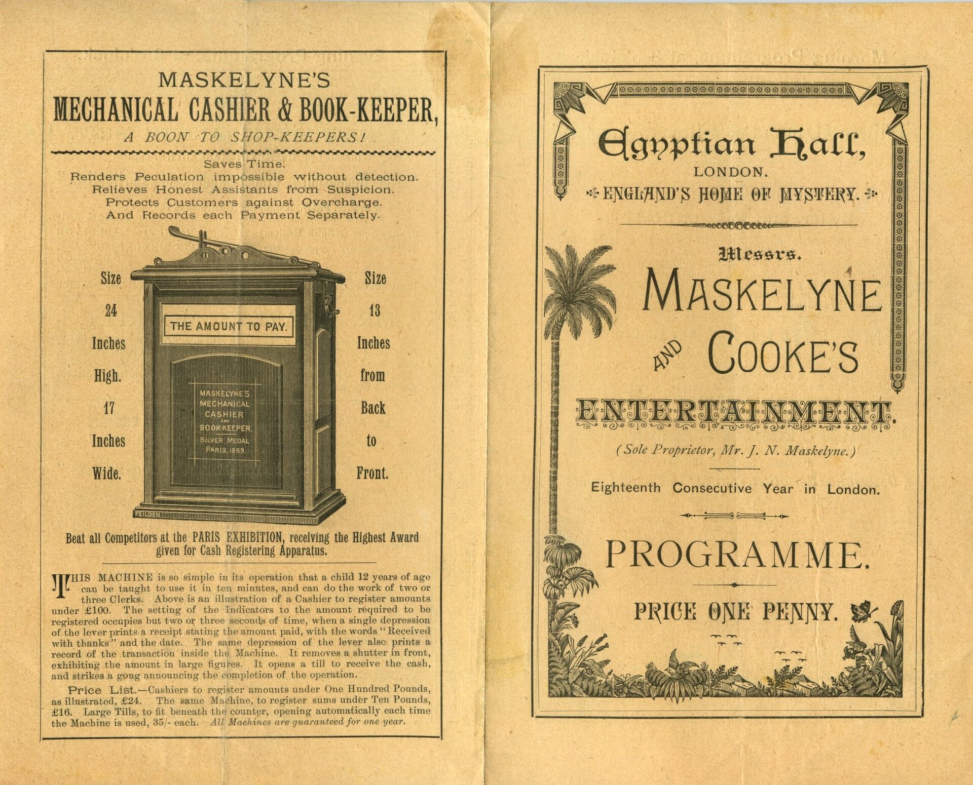 Maskelyne and Cooke programme for the Egyptian Hall, 18th consecutive year