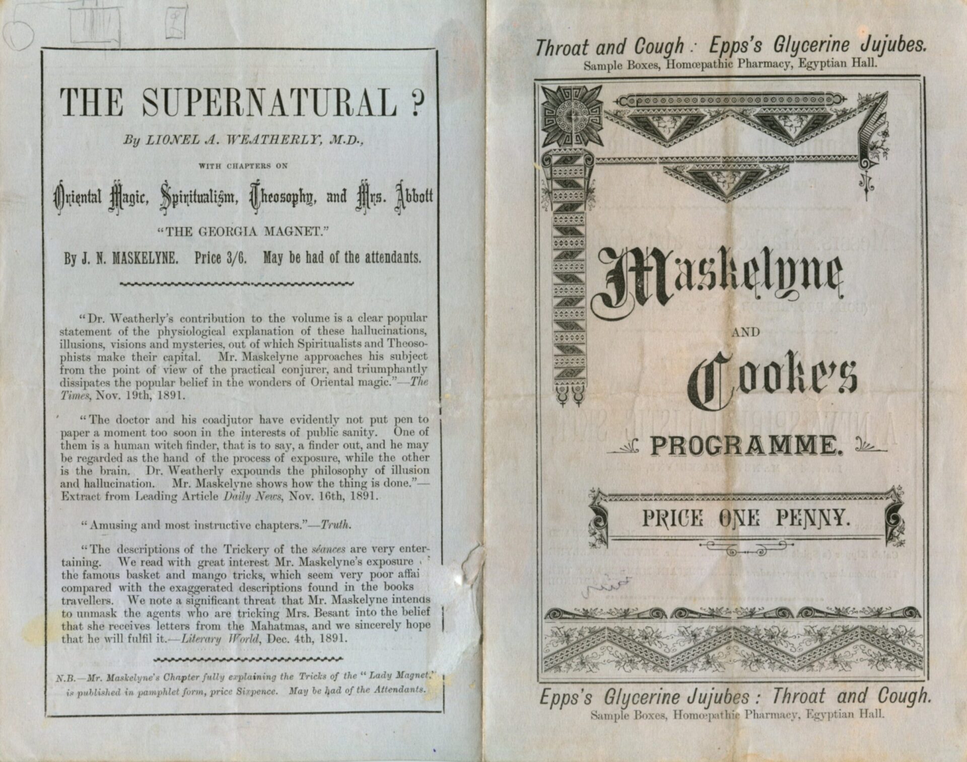 Maskelyne and Cooke programme for the Egyptian Hall, probably 19th consecutive year