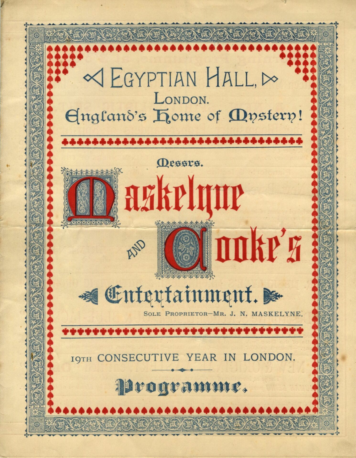 Maskelyne and Cooke programme for the Egyptian Hall, 19th consecutive year