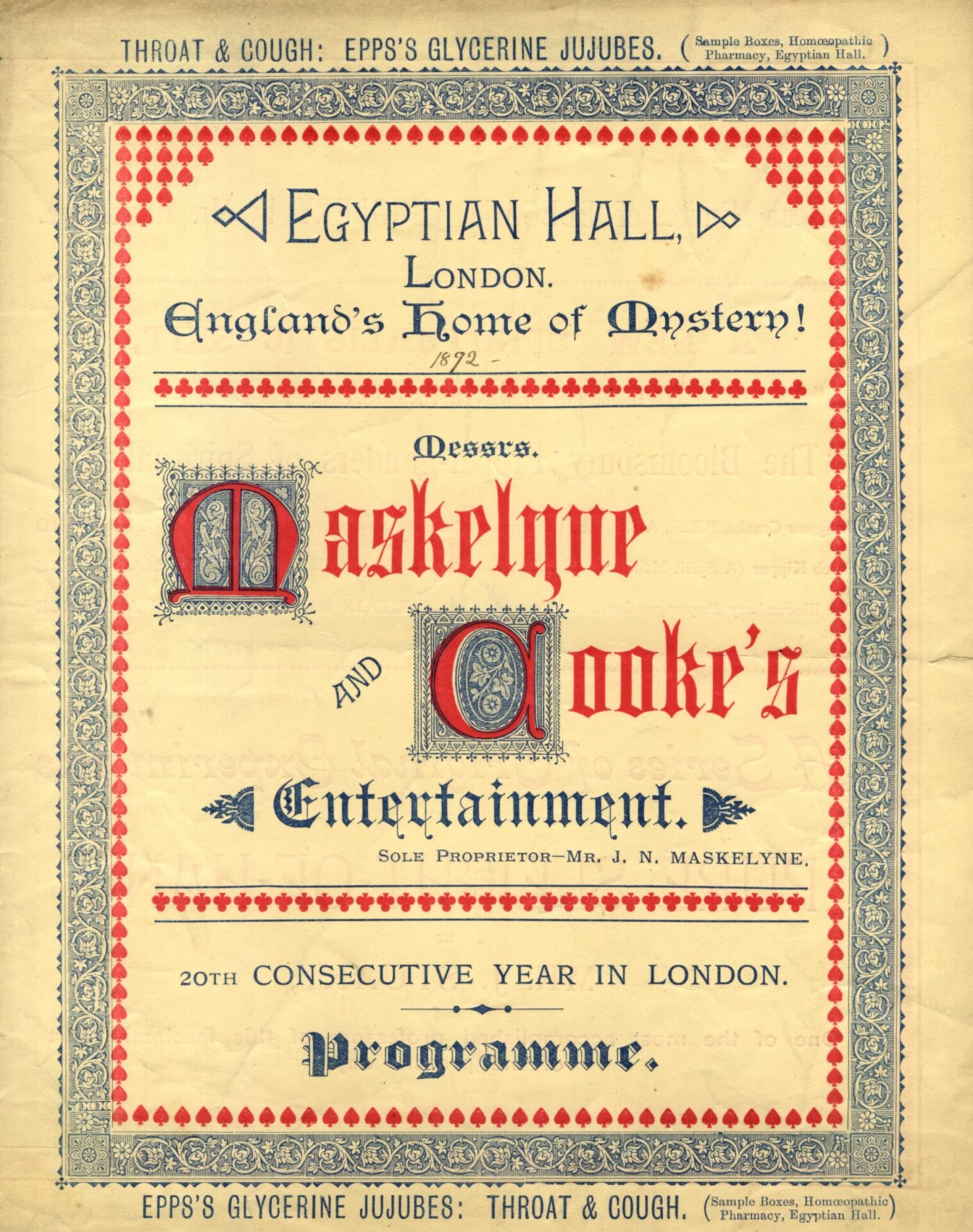 Maskelyne and Cooke programme for the Egyptian Hall, 20th consecutive year