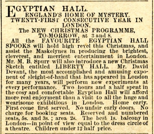 Newspaper advertisement from 1894 for Maskelyne’s Egyptian Hall show