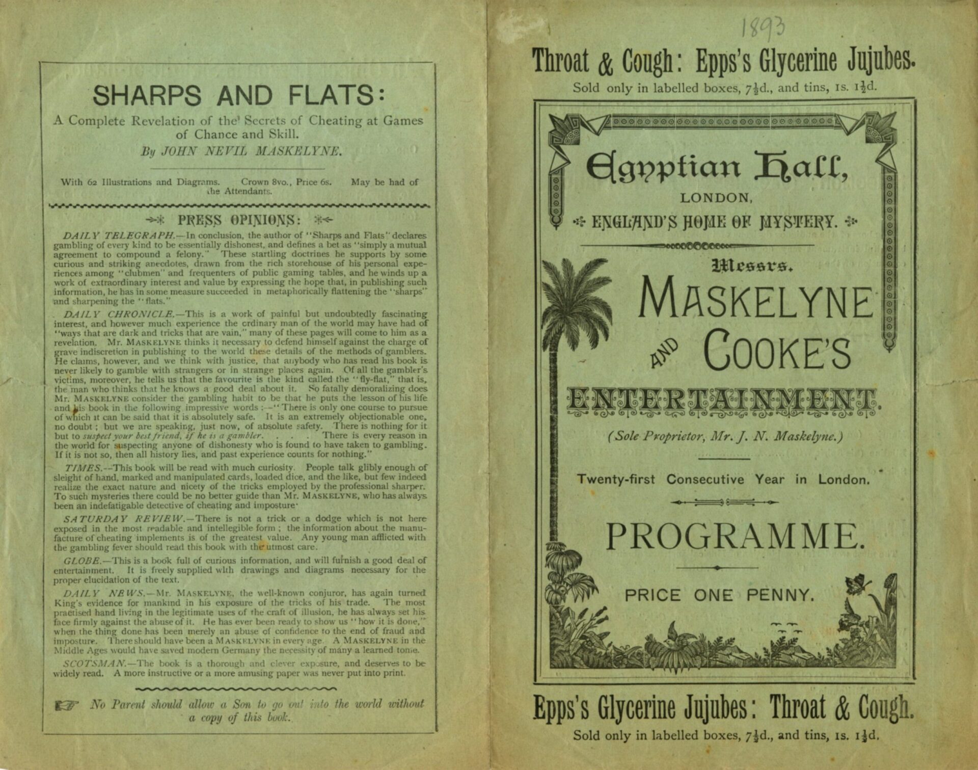 Maskelyne and Cooke programme for the Egyptian Hall, 21st consecutive year