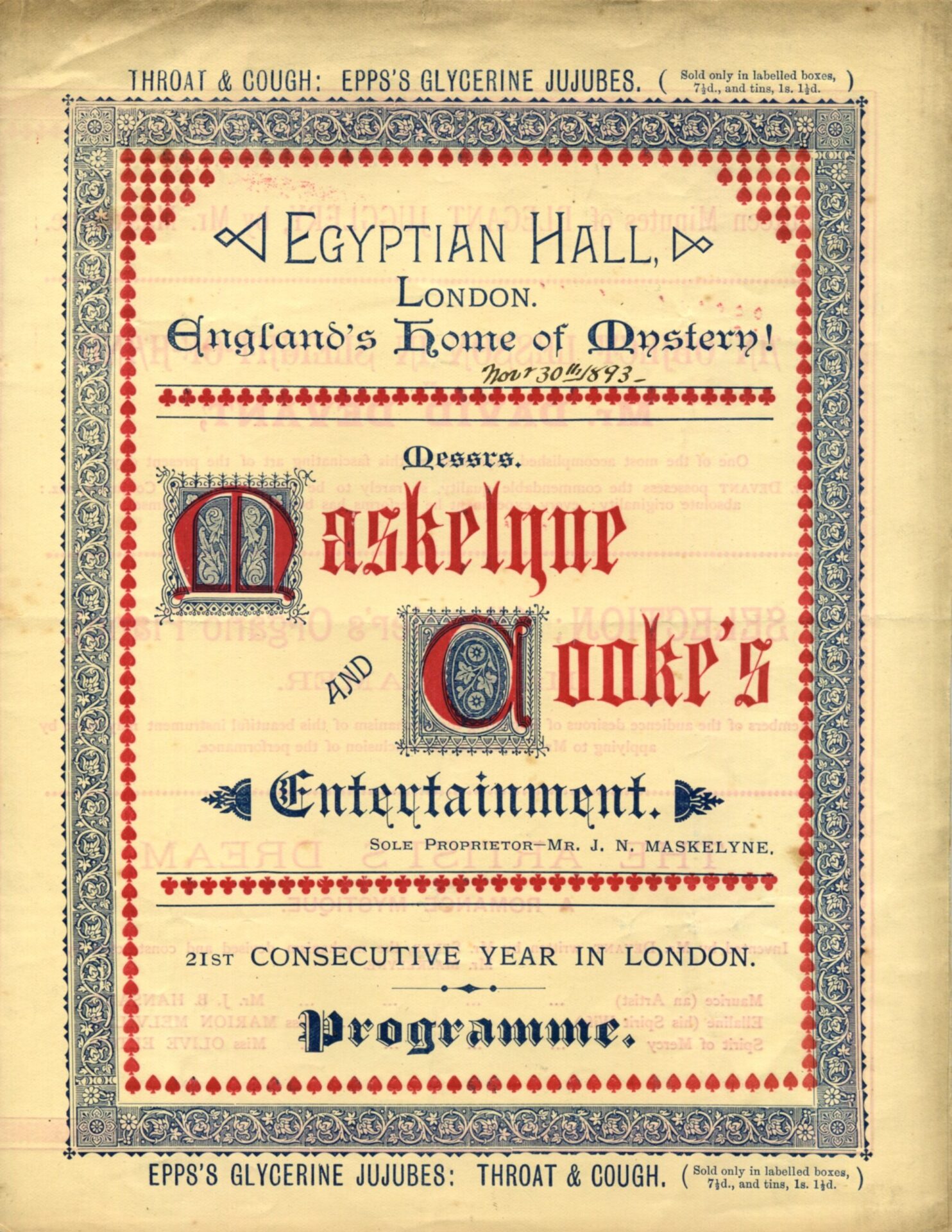 Maskelyne and Cooke programme for the Egyptian Hall, 21st consecutive year