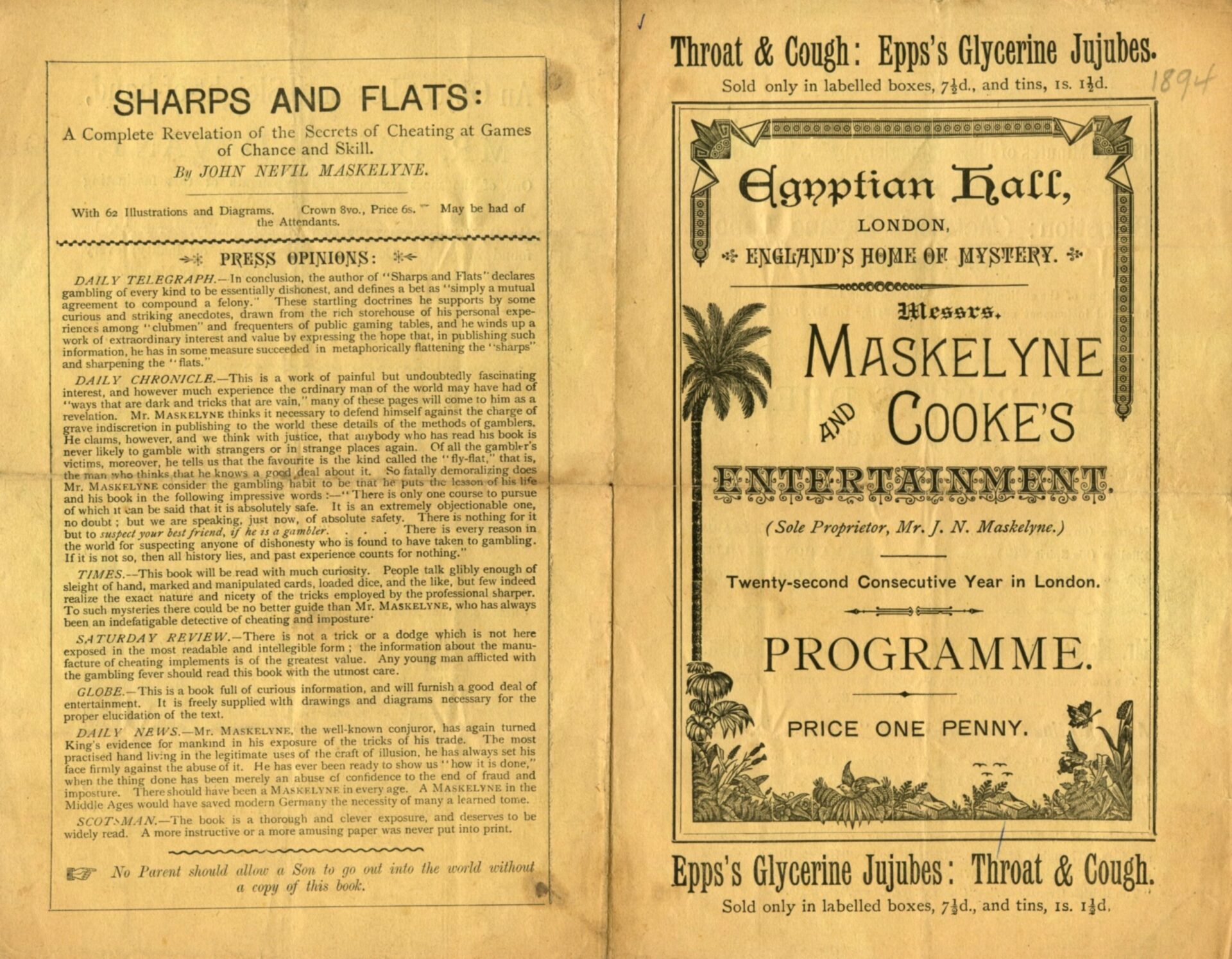 Maskelyne and Cooke programme for the Egyptian Hall, 22nd consecutive year