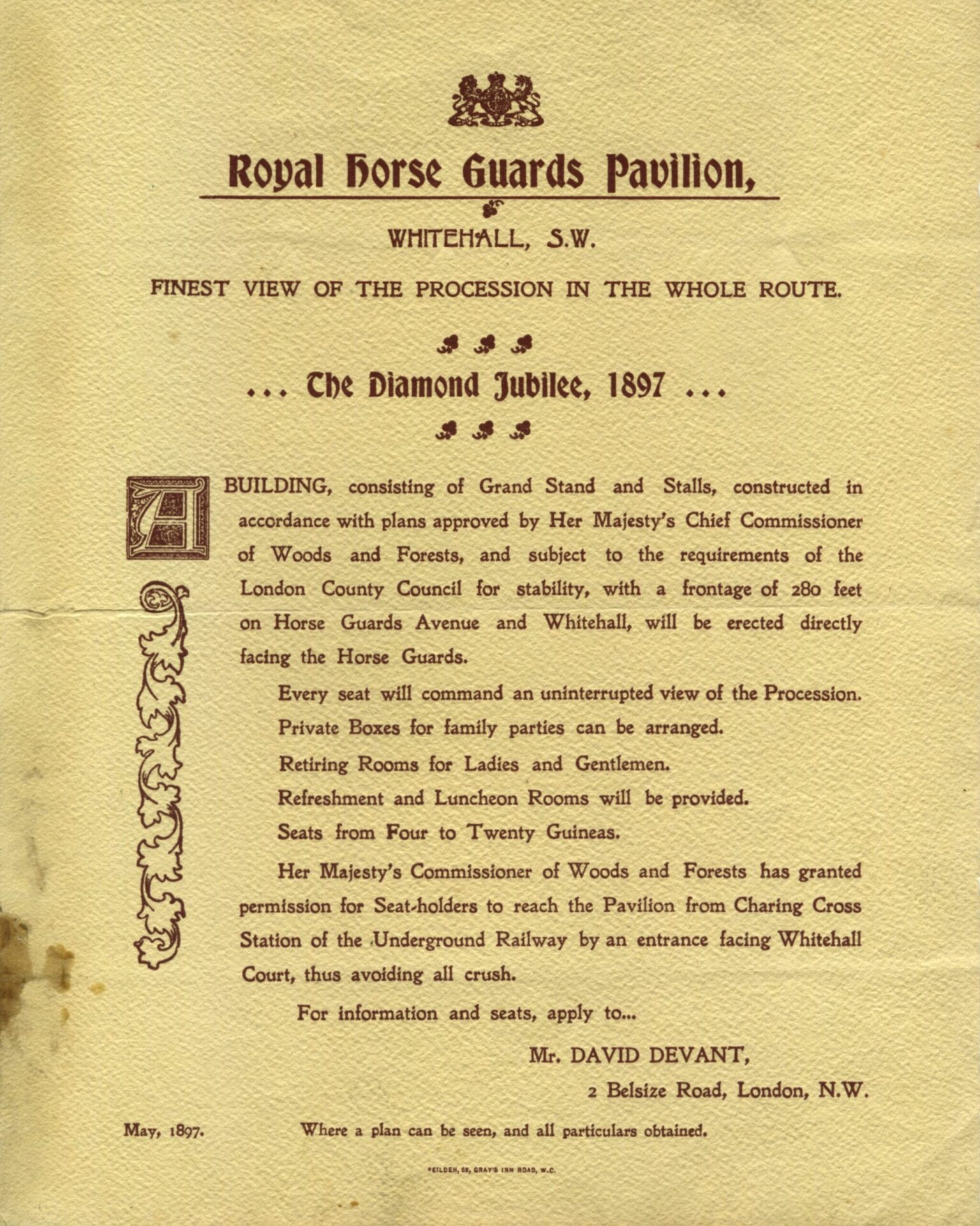 Devant advertisement for seats in the Royal Horse Guards Pavilion for The Diamond Jubilee, 1897.