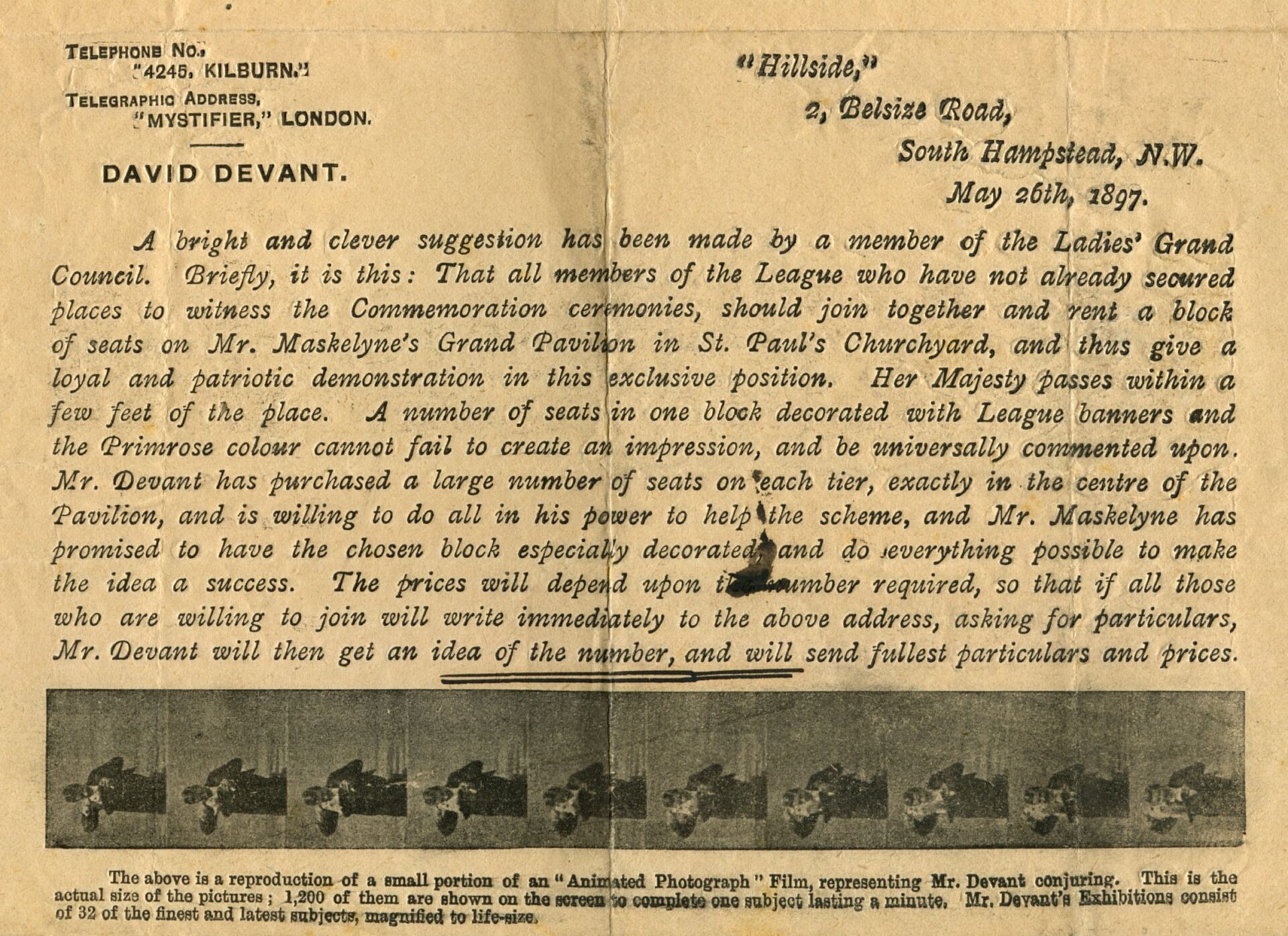 Advertisement from Devant for the sale of seats in Maskelyne’s Grand Stand for the 1897 Diamond Jubilee