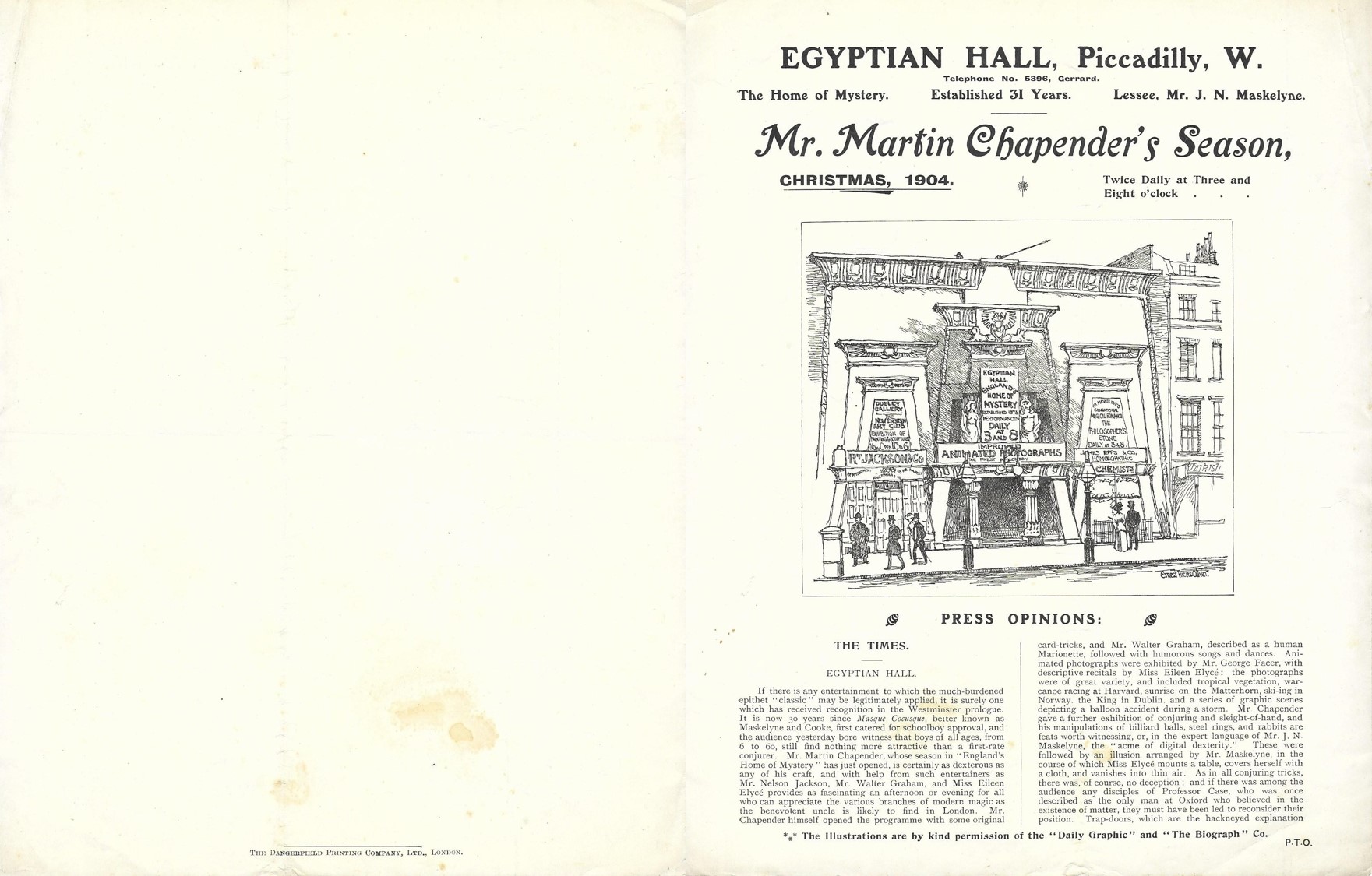 Press opinions on Mr. Martin Chapender’s season at the Egyptian Hall, Christmas 1904
