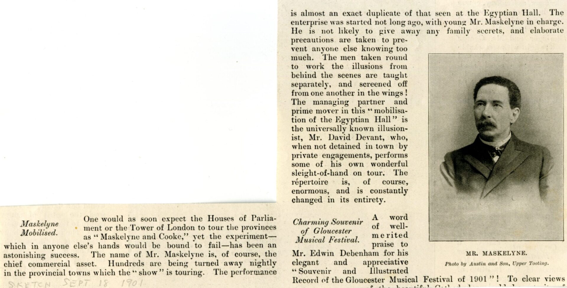 Article in ‘The Sketch’ of 18 September 1901 about the current Maskelyne and Cooke Mysteries Provincial Tour