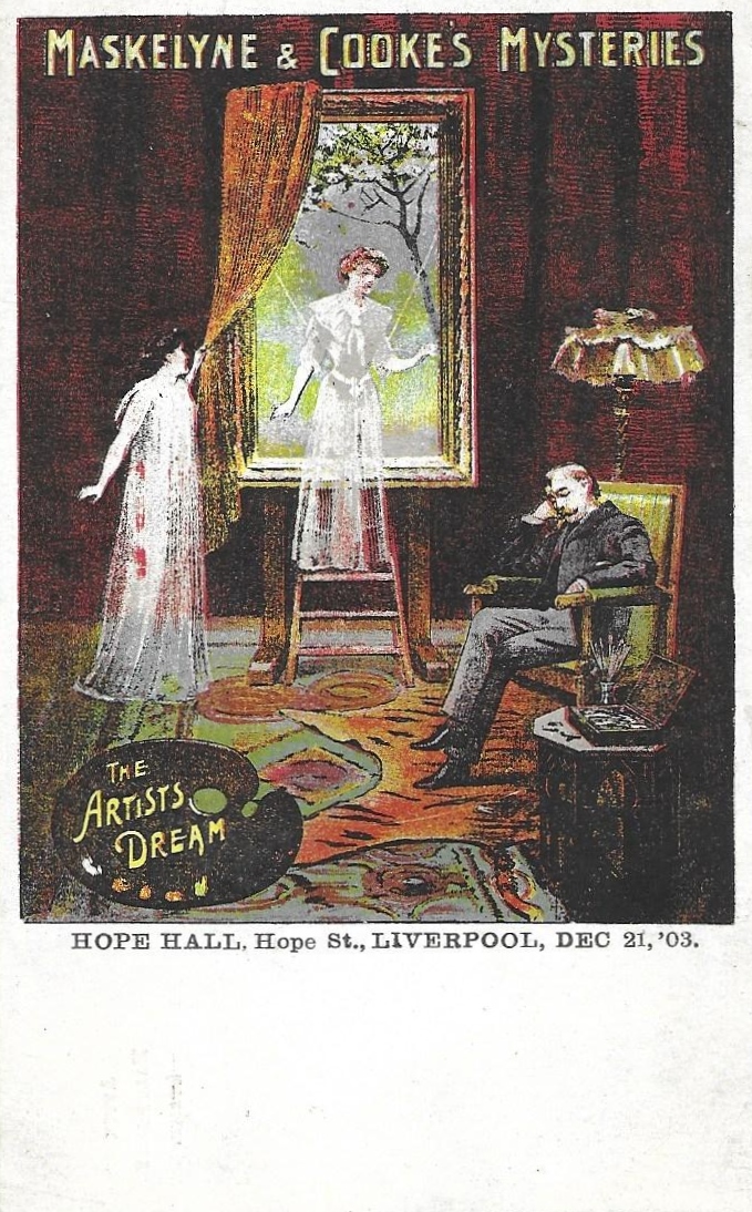 Advertising postcard for Maskelyne and Cooke’s Mysteries at Hope Hall, Liverpool, 21 December 1903