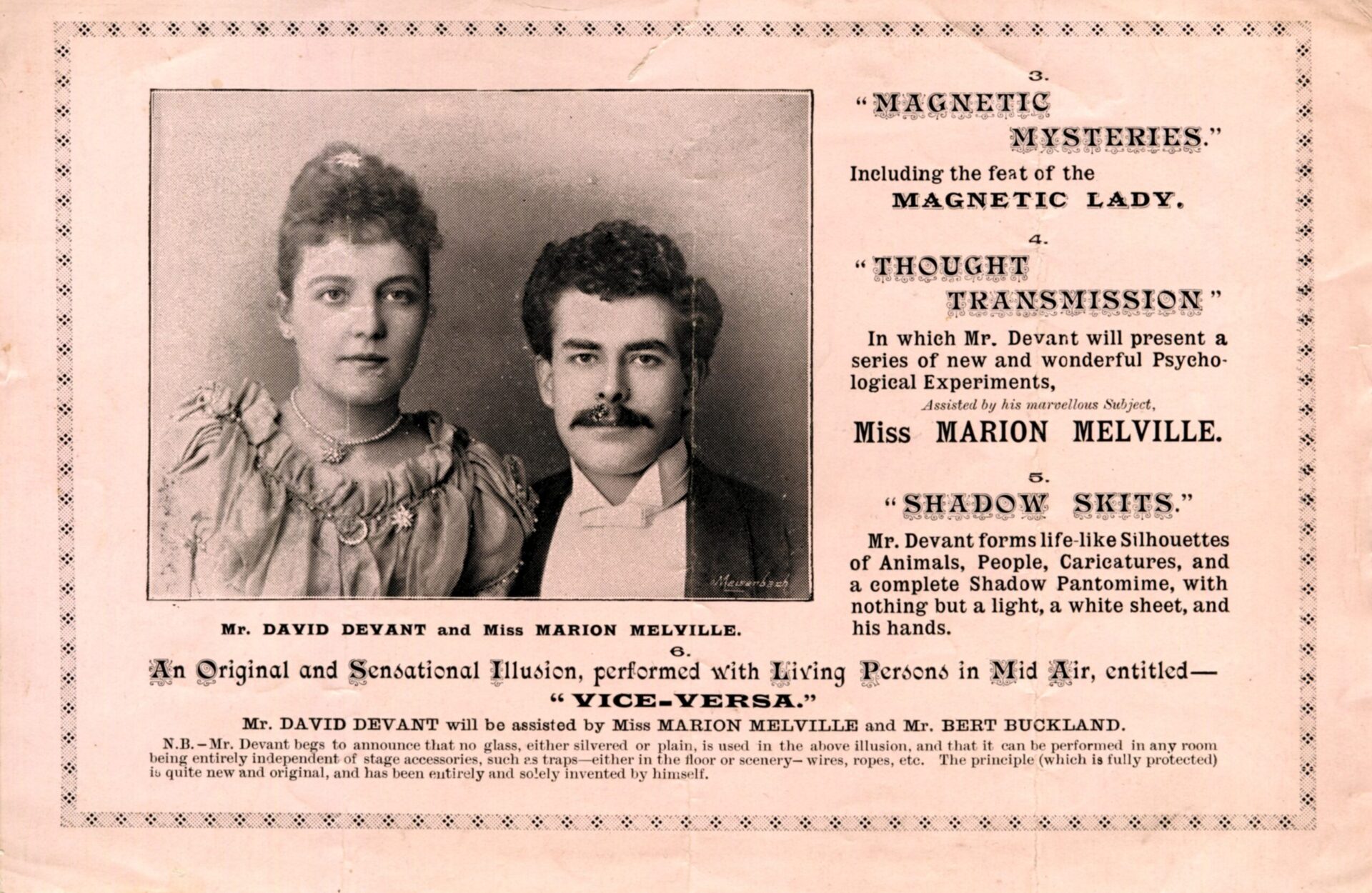 Picture of David Devant and Marion Melville with a listing of Devant’s entertainments