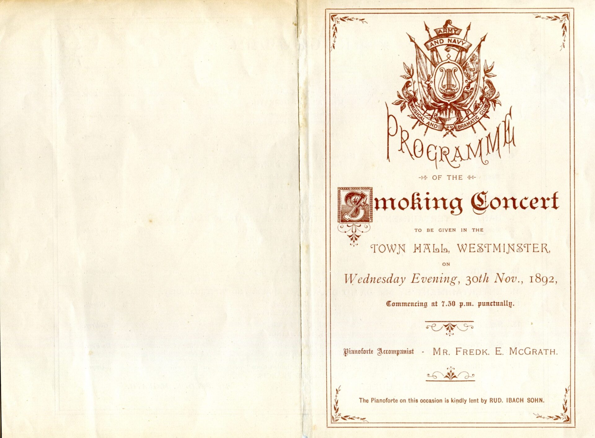 Programme for the Smoking Concert of the Army and Navy Musical Dramatic Club. Town Hall, Westminster. 30 November 1892