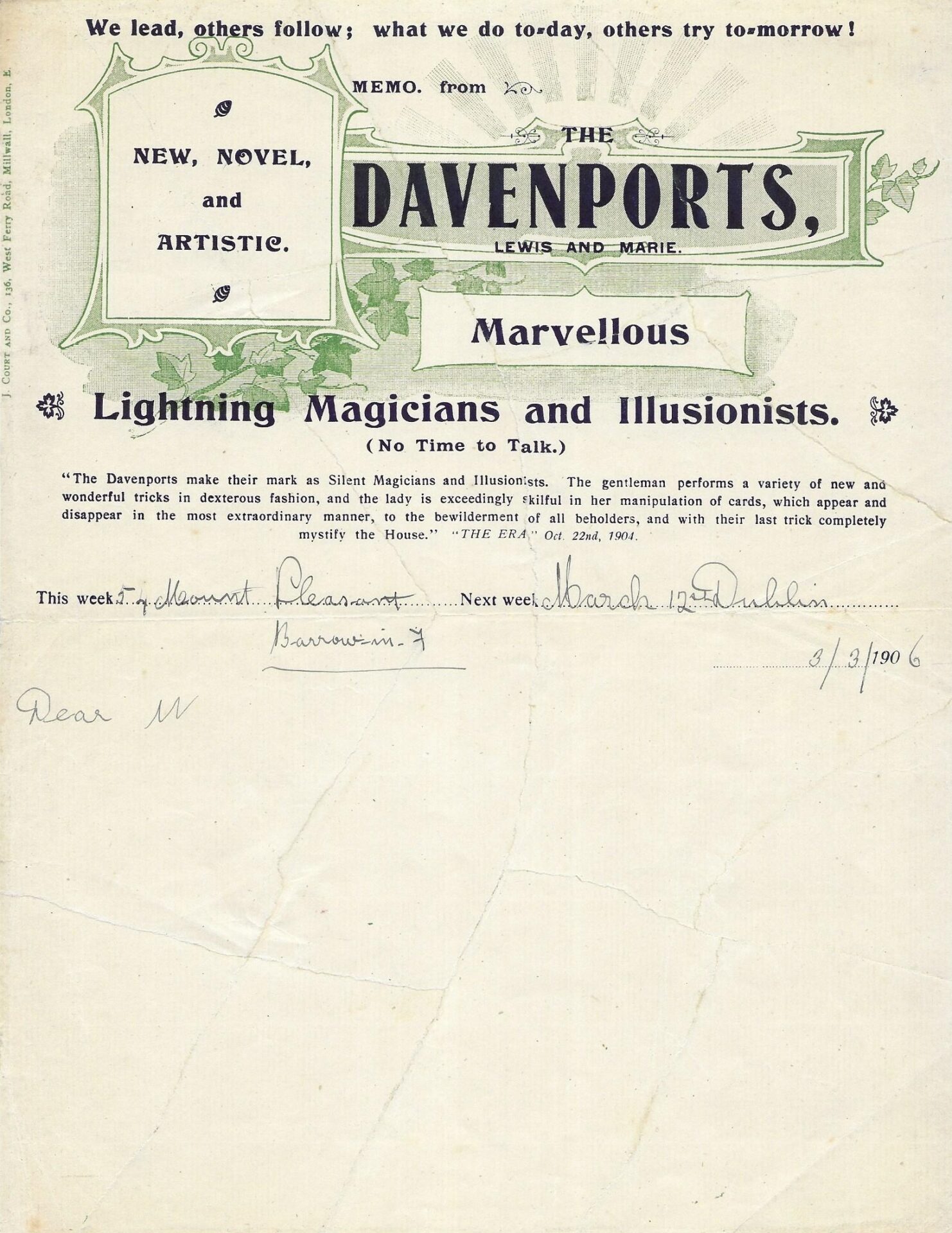 Notepaper used by The Davenports in 1906