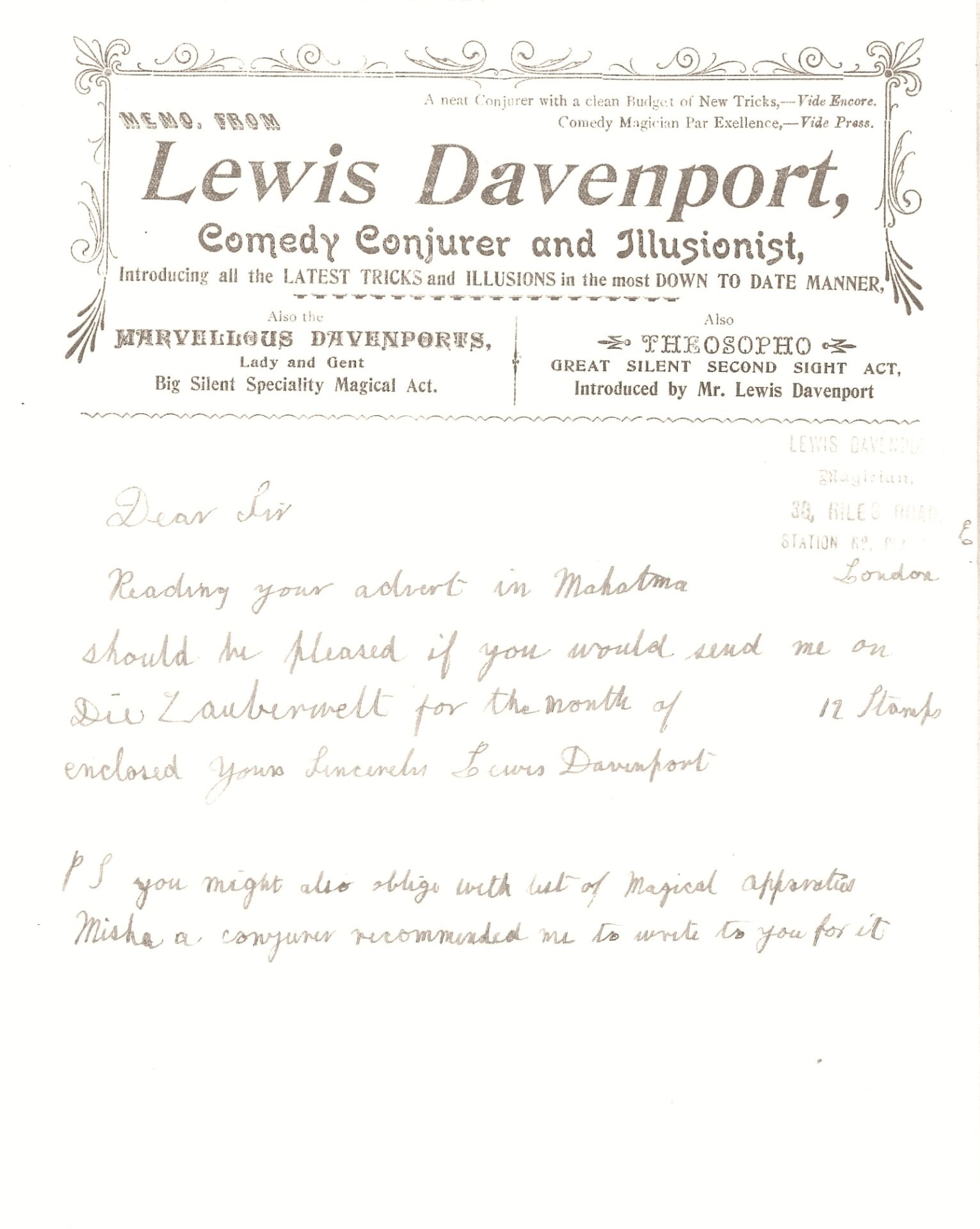 Notepaper used by Lewis Davenport which also covers The Davenports and Theosopho