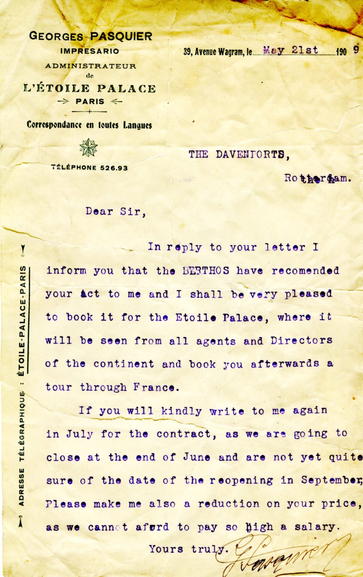 1909 letter to The Davenports concerning possible bookings at L’Etoile Palace, Paris