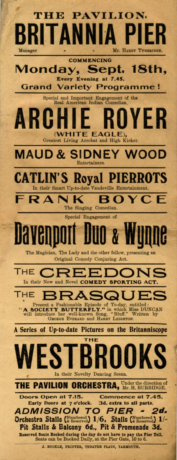Handbill for the Pavilion, Britannia Pier, Great Yarmouth. Week commencing 18 September 1911