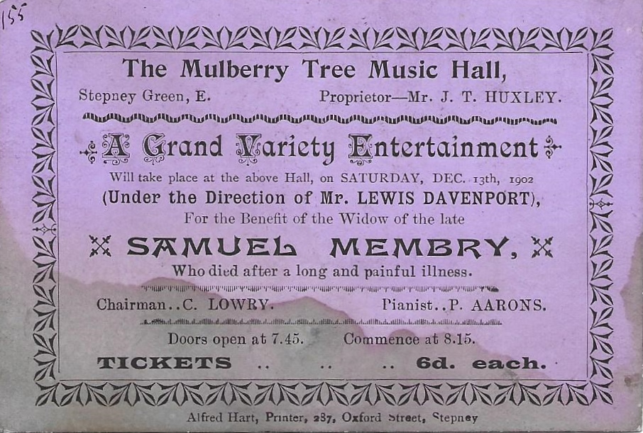 Advertising card for a Grand Variety Entertainment at The Mulberry Tree Music Hall, Stepney Green, London. 13 December 1902