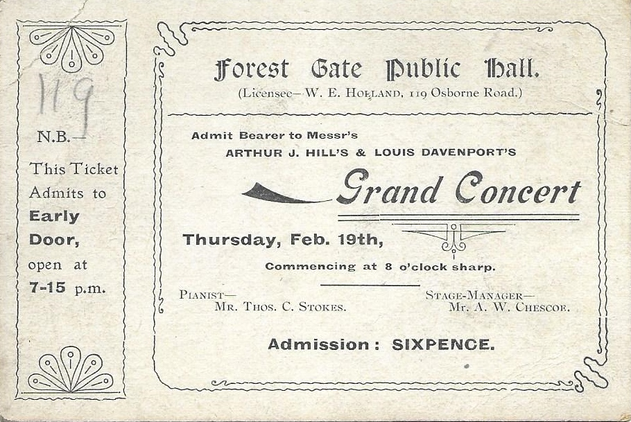 Ticket for a Grand Concert at the Forest Gate Public Hall, 19 February 1903