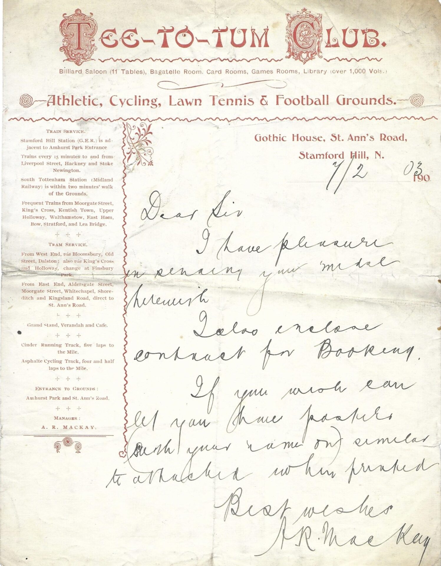 Tee-To-Tum Club letter concerning a Lewis Davenport medal, 1903