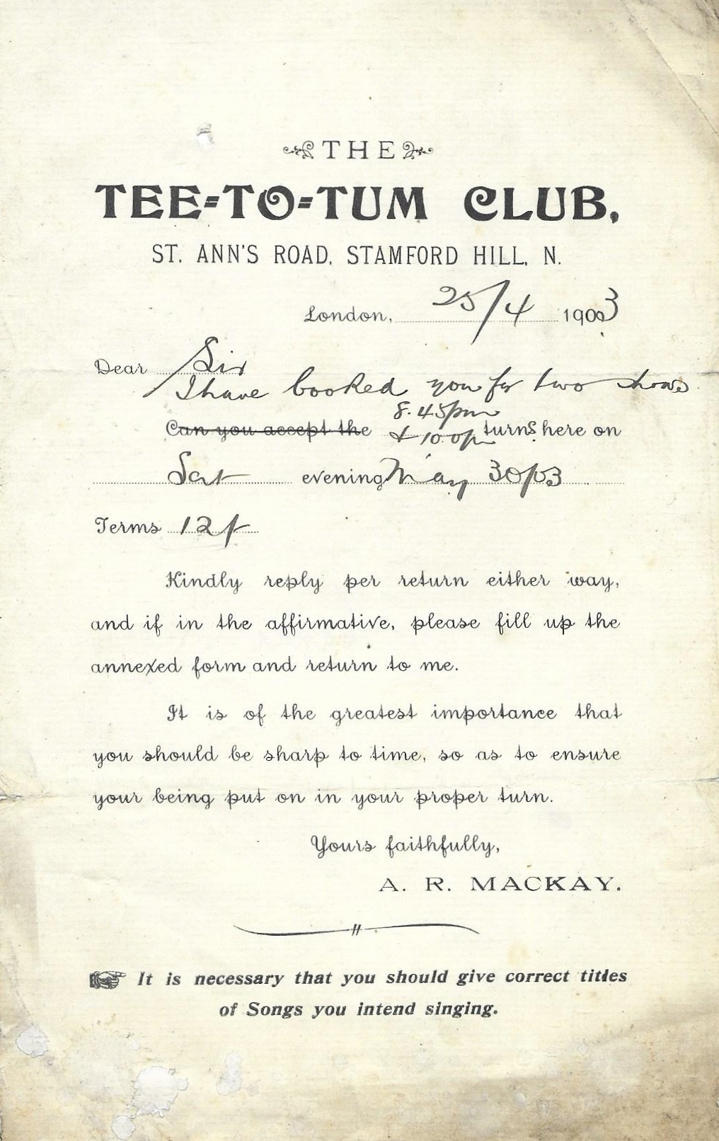 Booking form from the Tee-To-Tum Club to Lewis Davenport, 1903