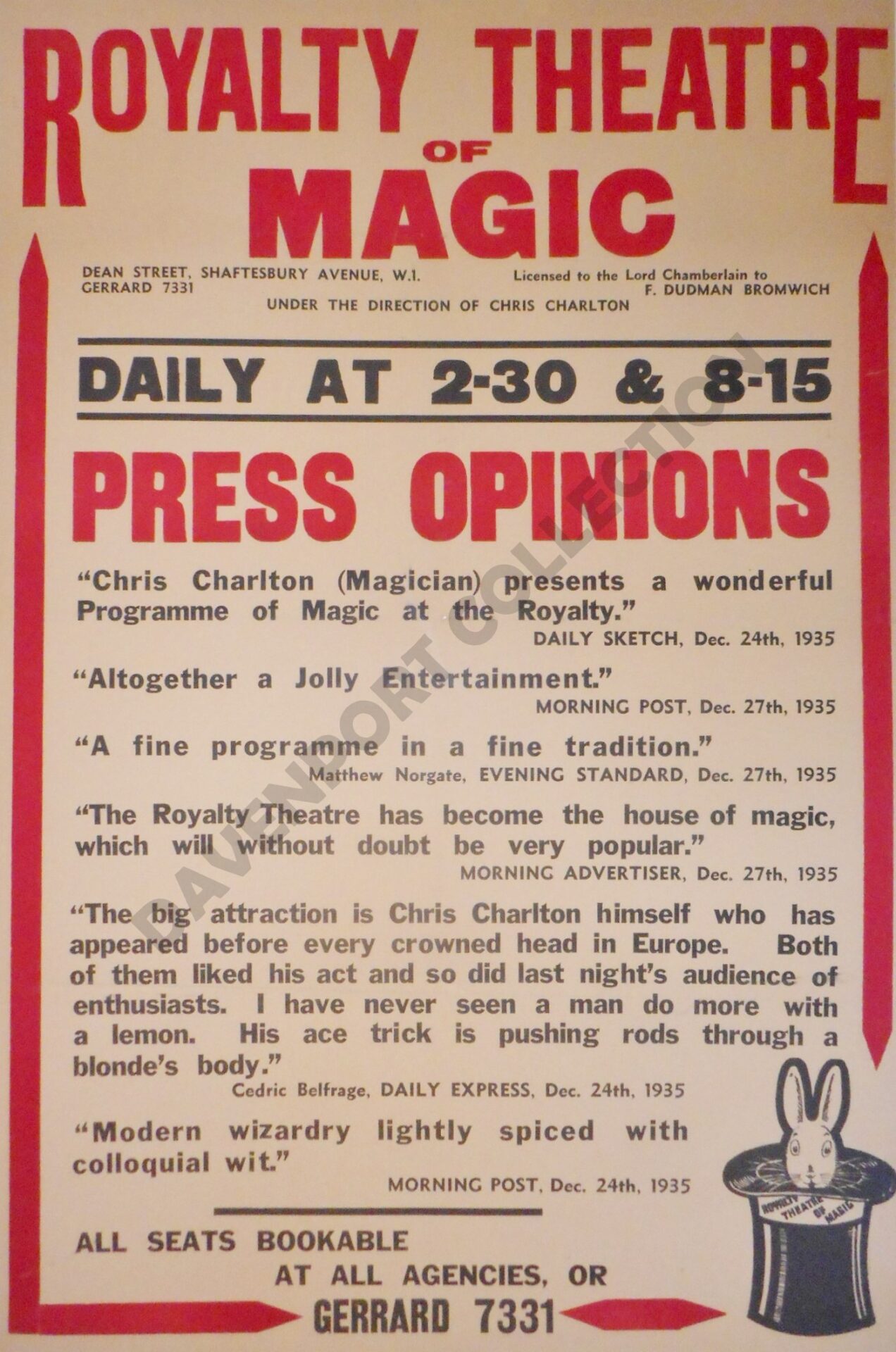 Poster from the Royalty Theatre of Magic, London. Christmas Season 1935-1936