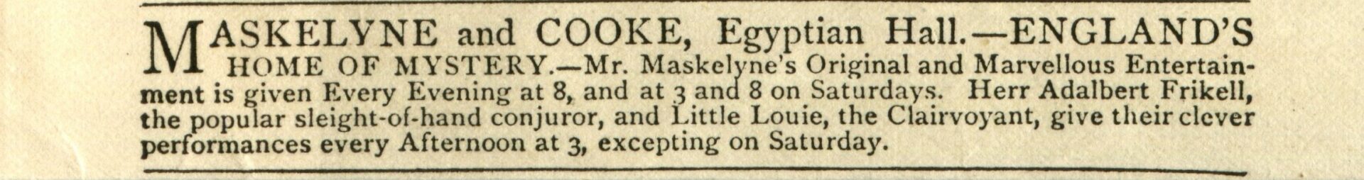 Advertisement for Maskelyne and Cooke and Adalbert Frikell at the Egyptian Hall, 1880