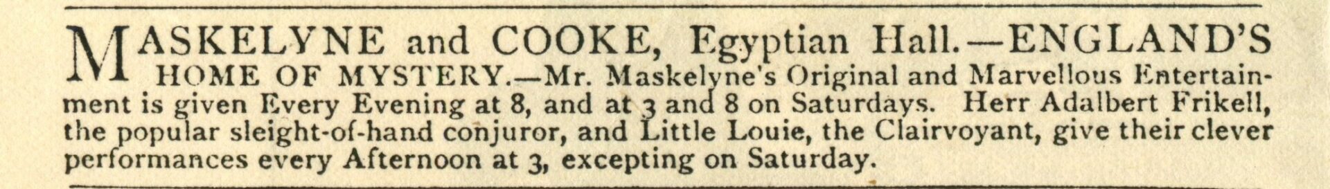 Advertisement for Maskelyne and Cooke and Adalbert Frikell at the Egyptian Hall, 1880