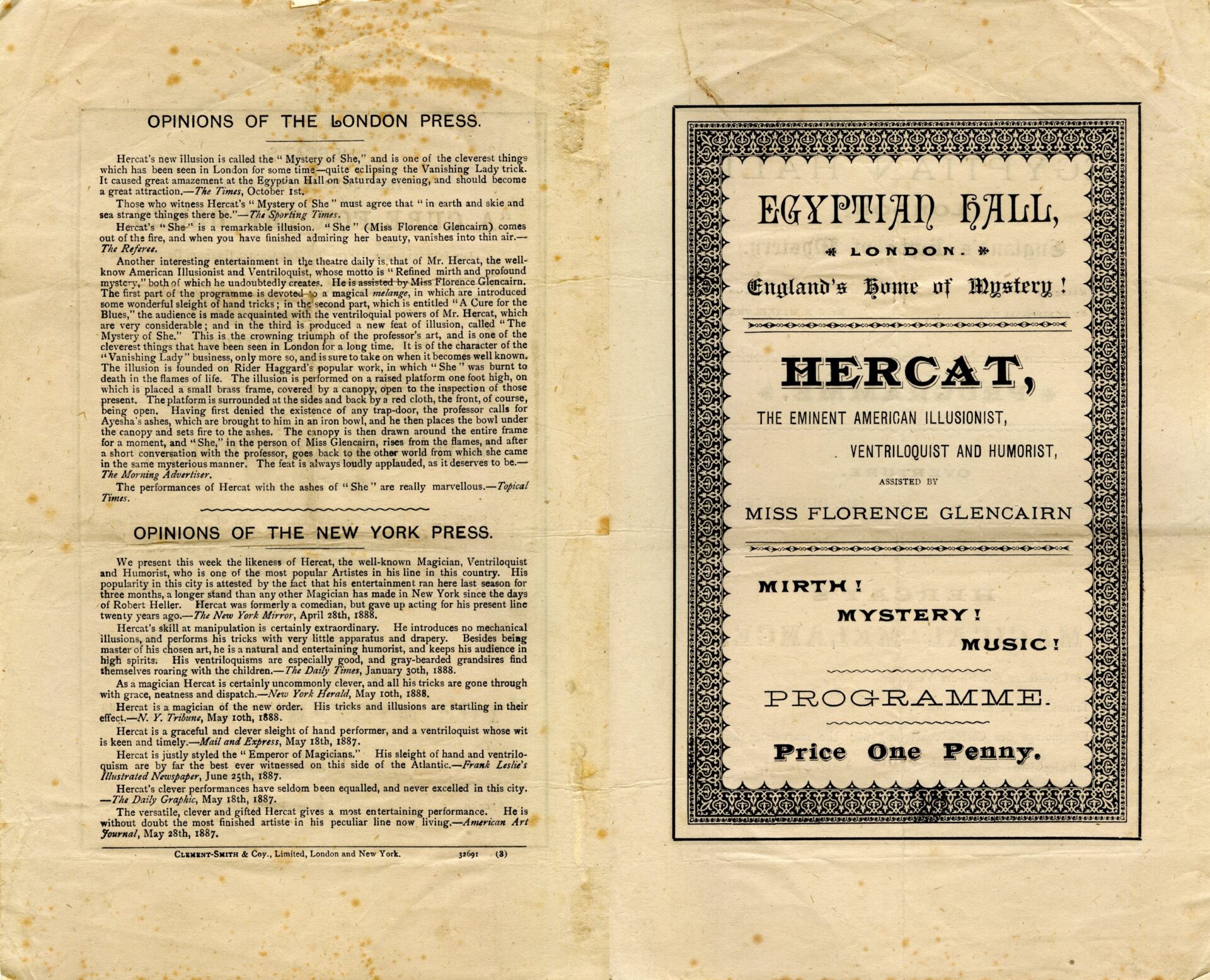 Programme for Hercat at the Egyptian Hall, 1888