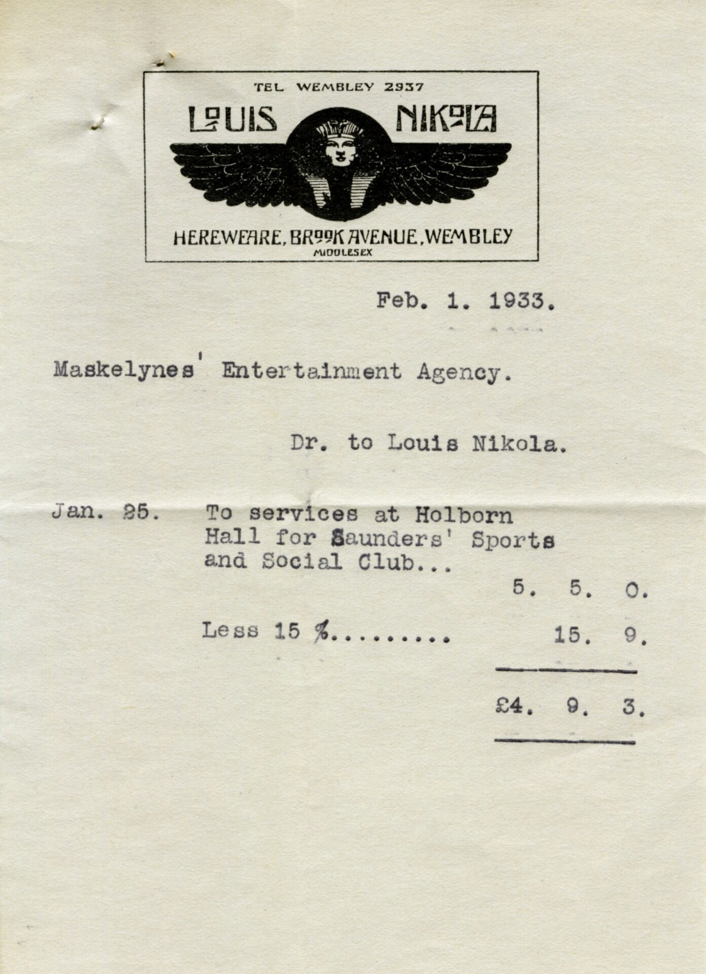 Louis Nikola booking through the Maskelynes’ Entertainment Agency, 1933