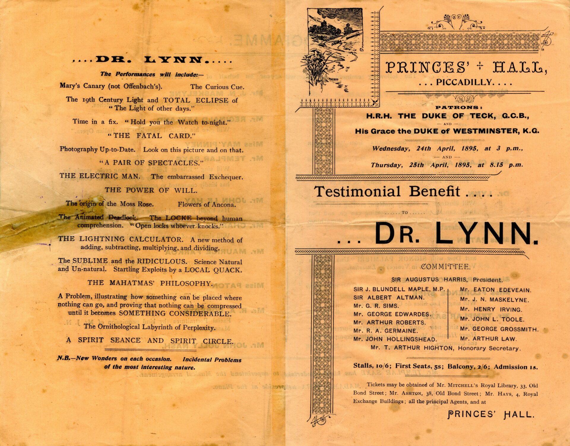 Testimonial Benefit to Dr Lynn at Prince’s Hall, London. 1895