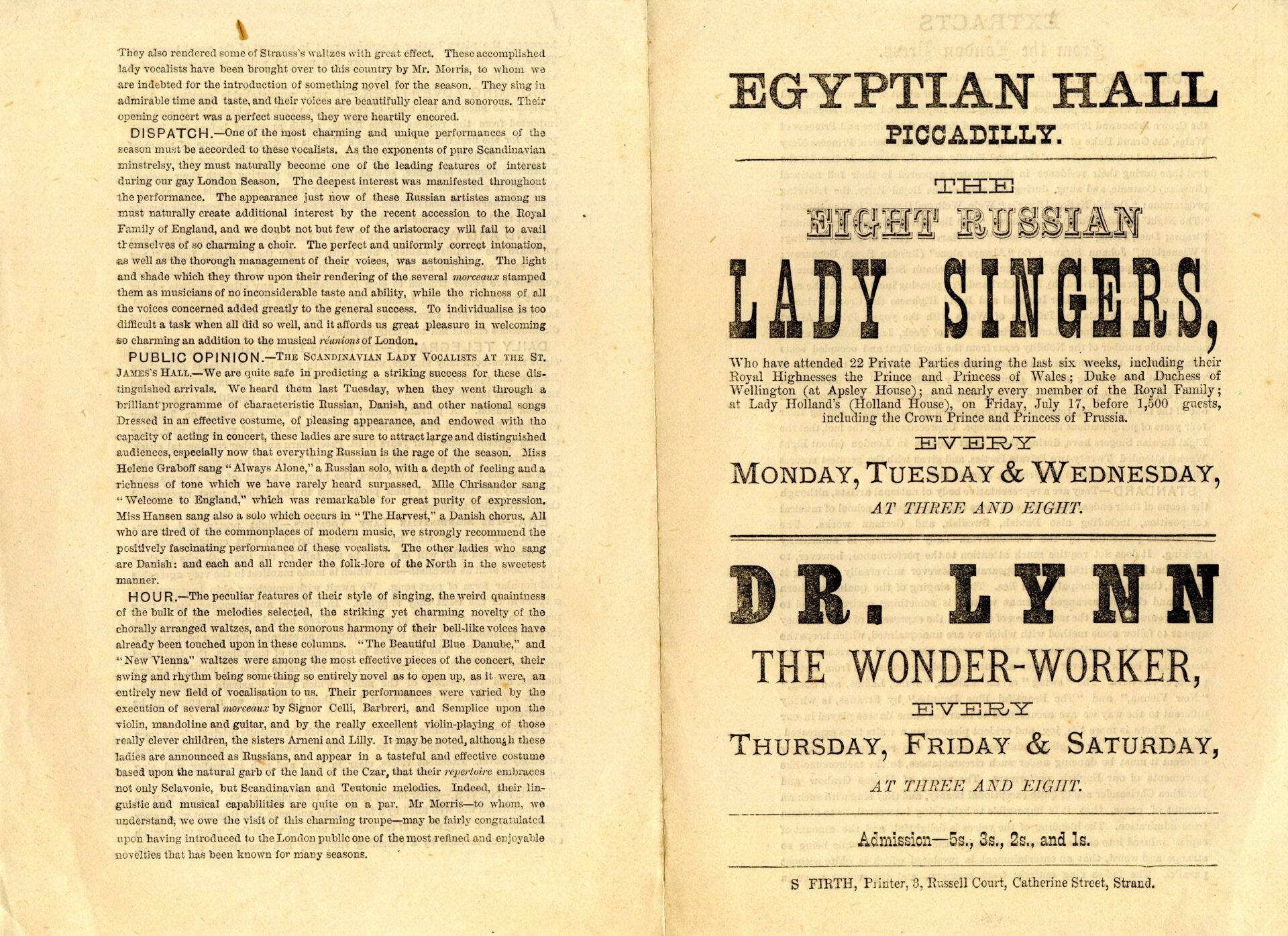 Handout advertising performances of Dr Lynn and Lady Singers at the Egyptian Hall