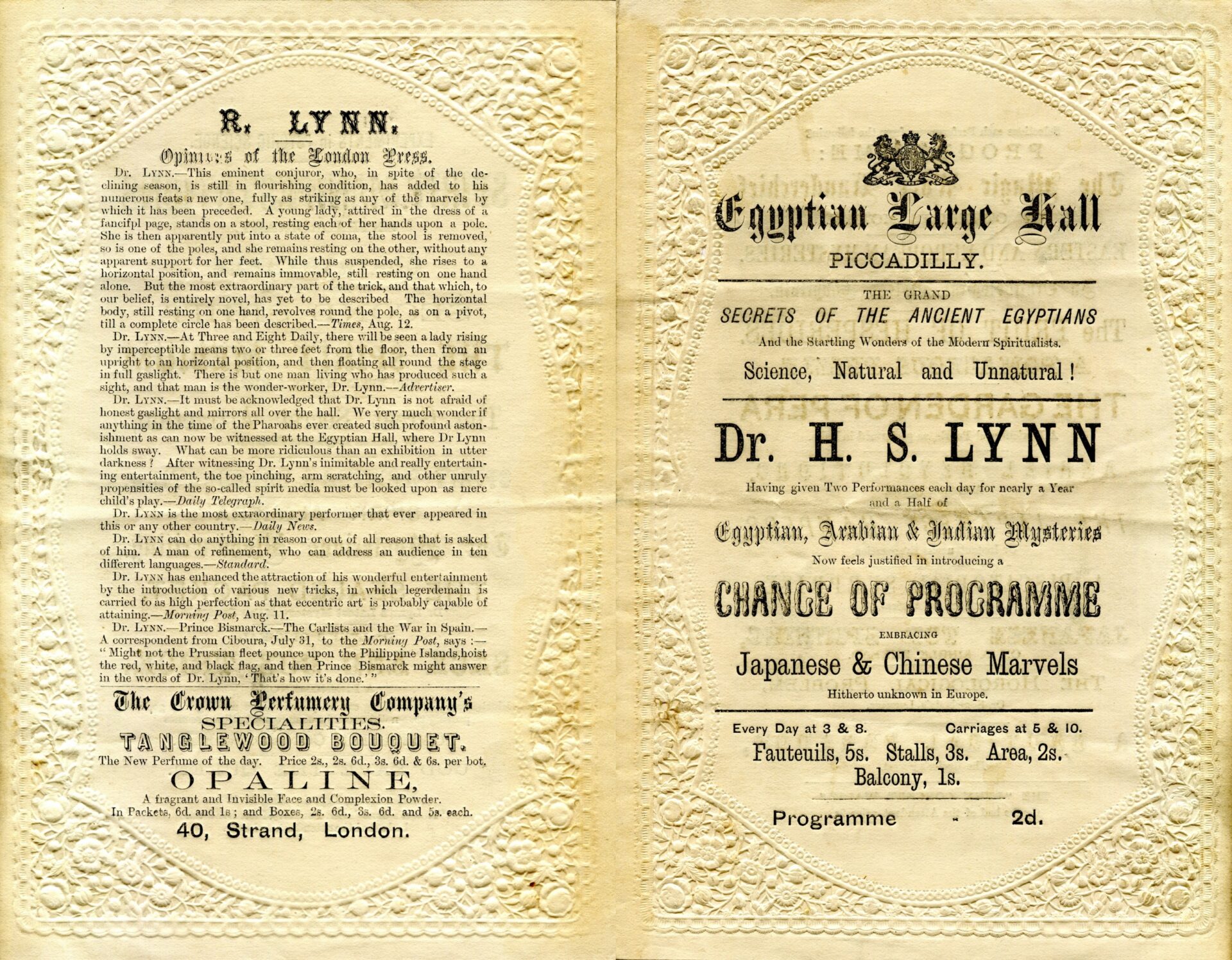 Programme for Dr H.S. Lynn at the Egyptian Hall