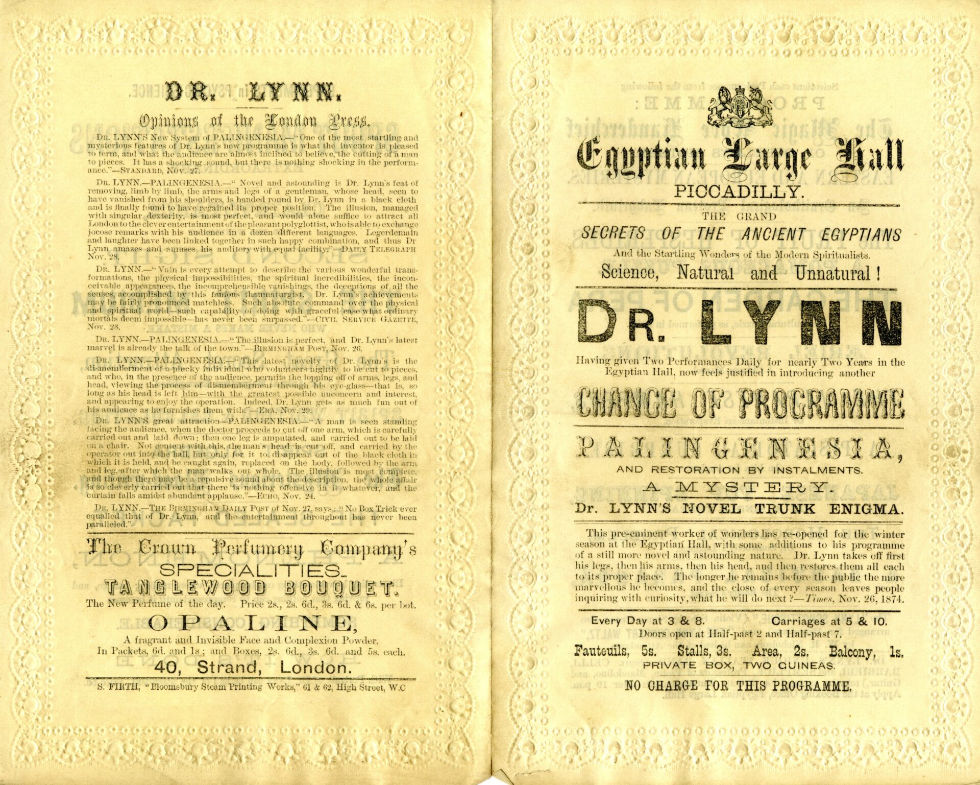 Programme for Dr Lynn at the Egyptian Hall