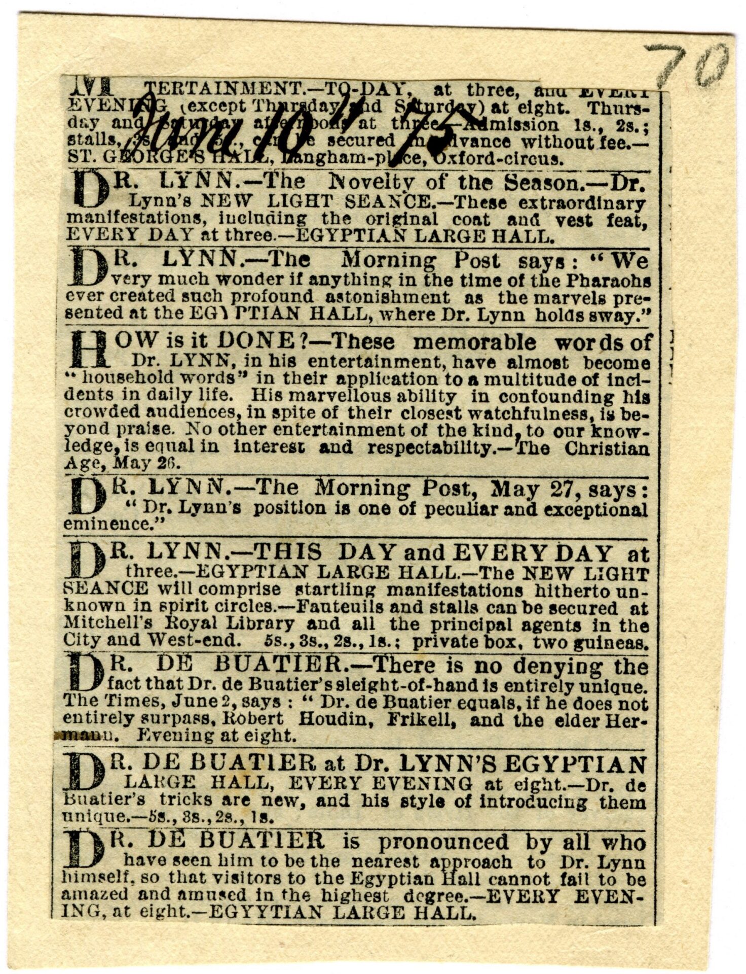 Newspaper advertisement for Dr Lynn and Buatier de Kolta, 1875