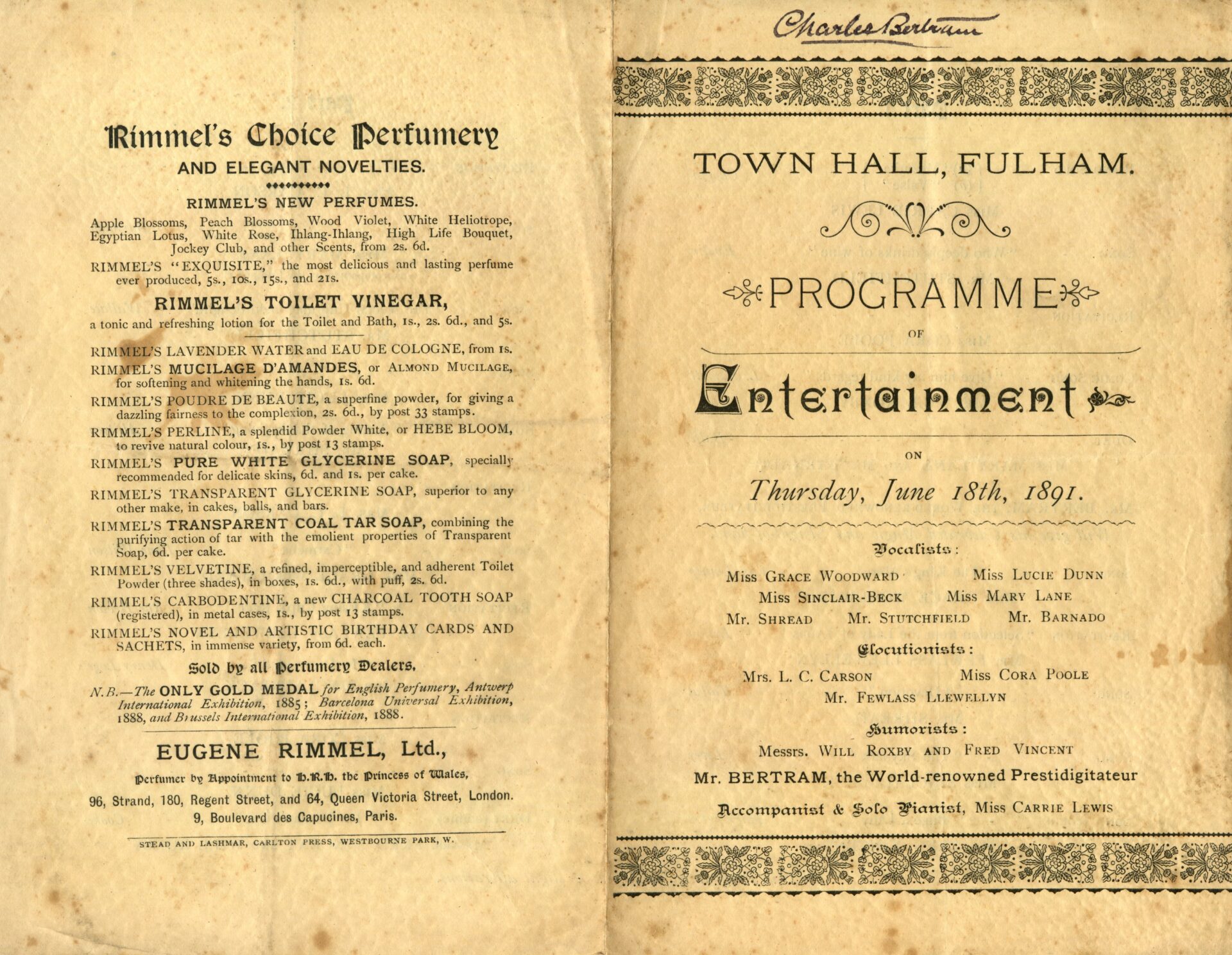 Programme including Charles Bertram at the Town Hall, Fulham, 1891