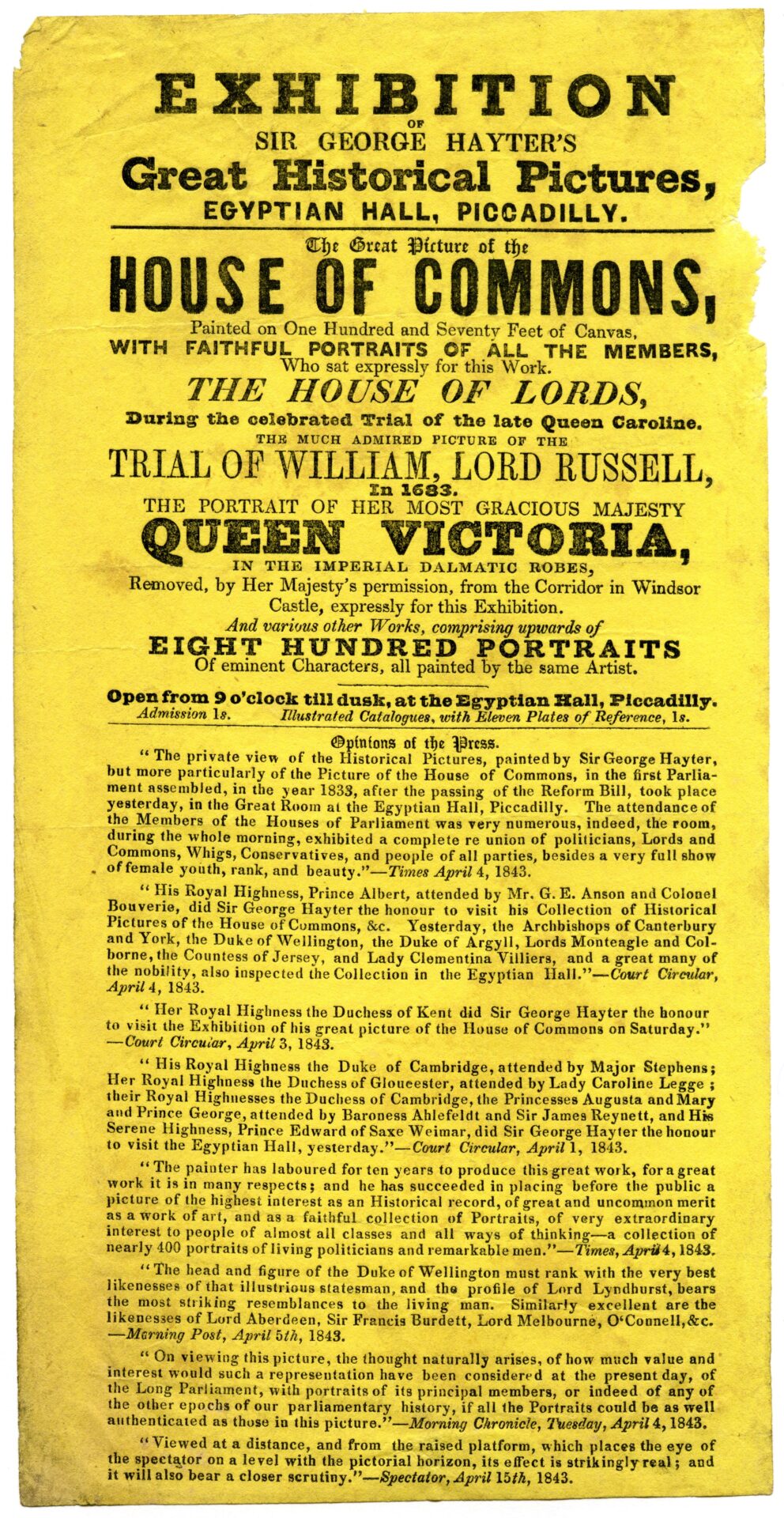 Exhibition of Sir George Hayter’s Great Historical Pictures at the Egyptian Hall, 1843