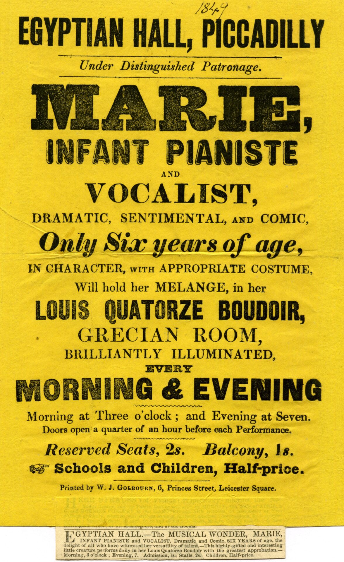 Marie, Infant Pianiste and Vocalist at the Egyptian Hall, 1849