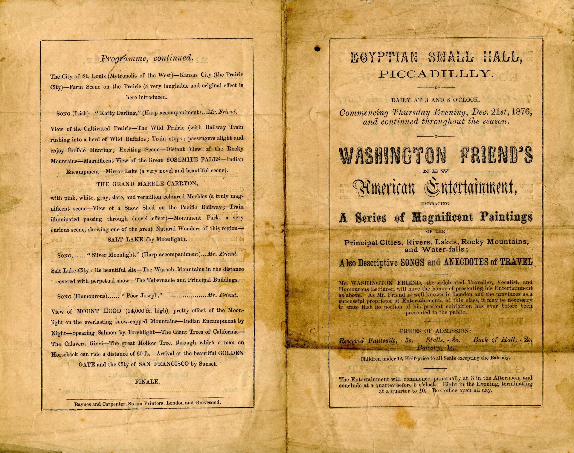 Washington Friend’s new American Entertainment at the Egyptian Hall, 1876