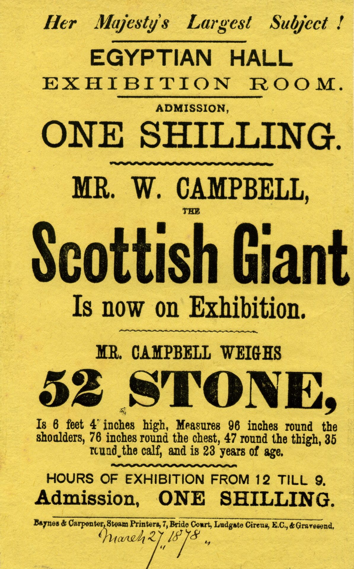 Mr W. Campbell, the Scottish Giant on exhibition at the Egyptian Hall, 1878